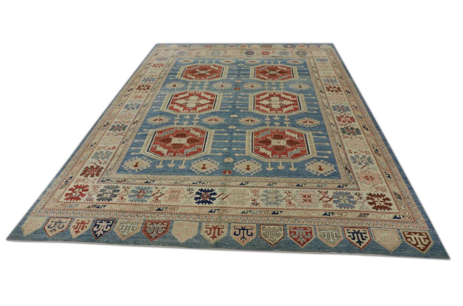 Blue & Red Turkish Finewoven Wool Oushak Rug 10'2