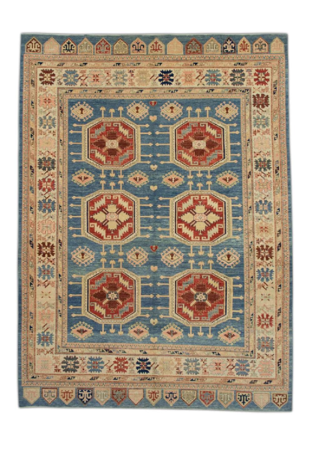 Contemporary Blue & Red Turkish Finewoven Wool Oushak Rug 10'2