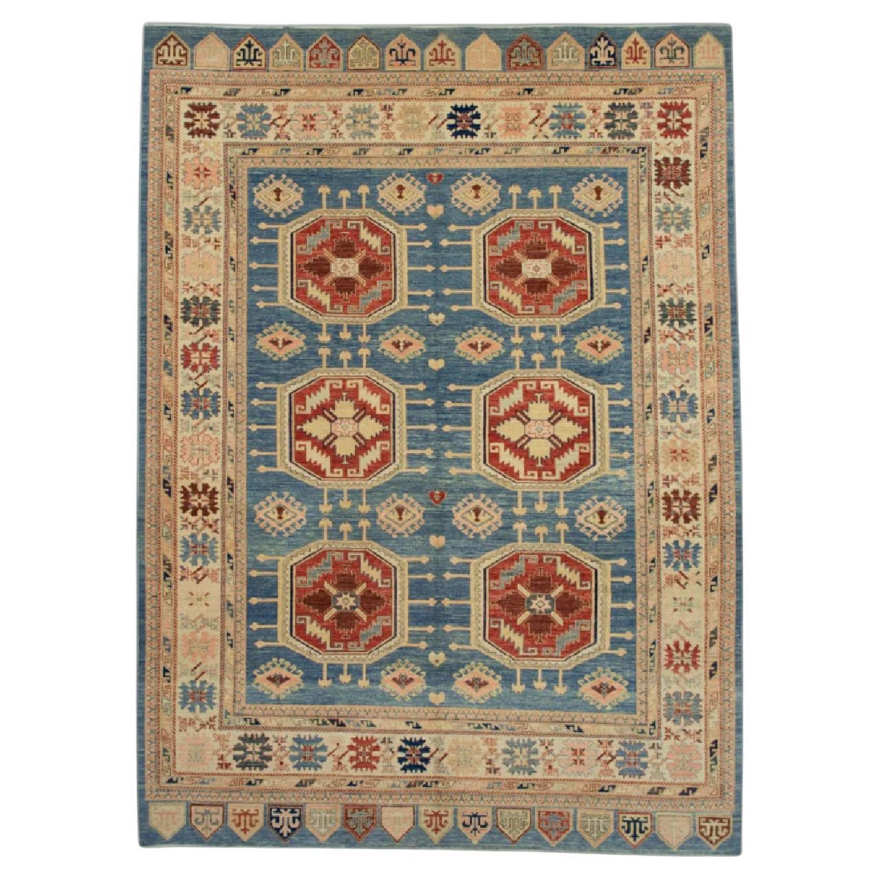 Türkischer Oushak-Teppich aus fein gewebter Wolle in Blau & Rot 10'2" x 13'8"