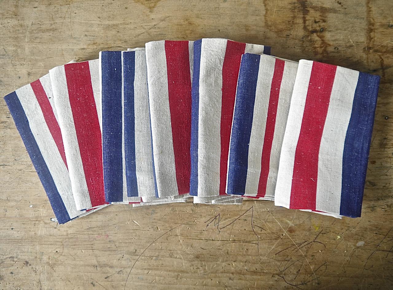 French Provincial Blue Red White Stripes Set of Cotton Napkins French Vintage