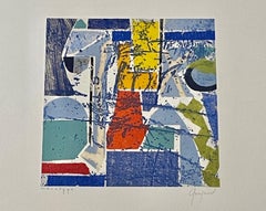 Abstract Monotype Print in Blues, Reds, Yellows, Signed, Framed, 17x17