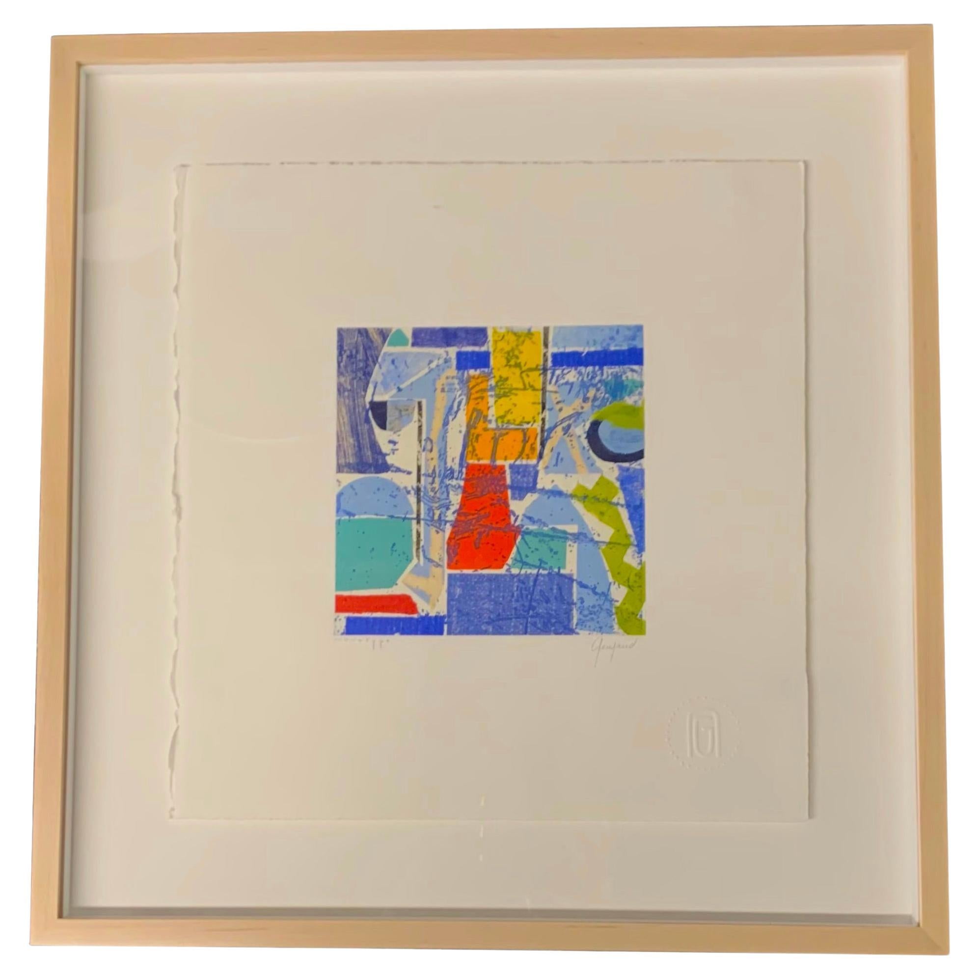 Monotype abstrait bleu, rouge, jaune et vert, France, Contemporary