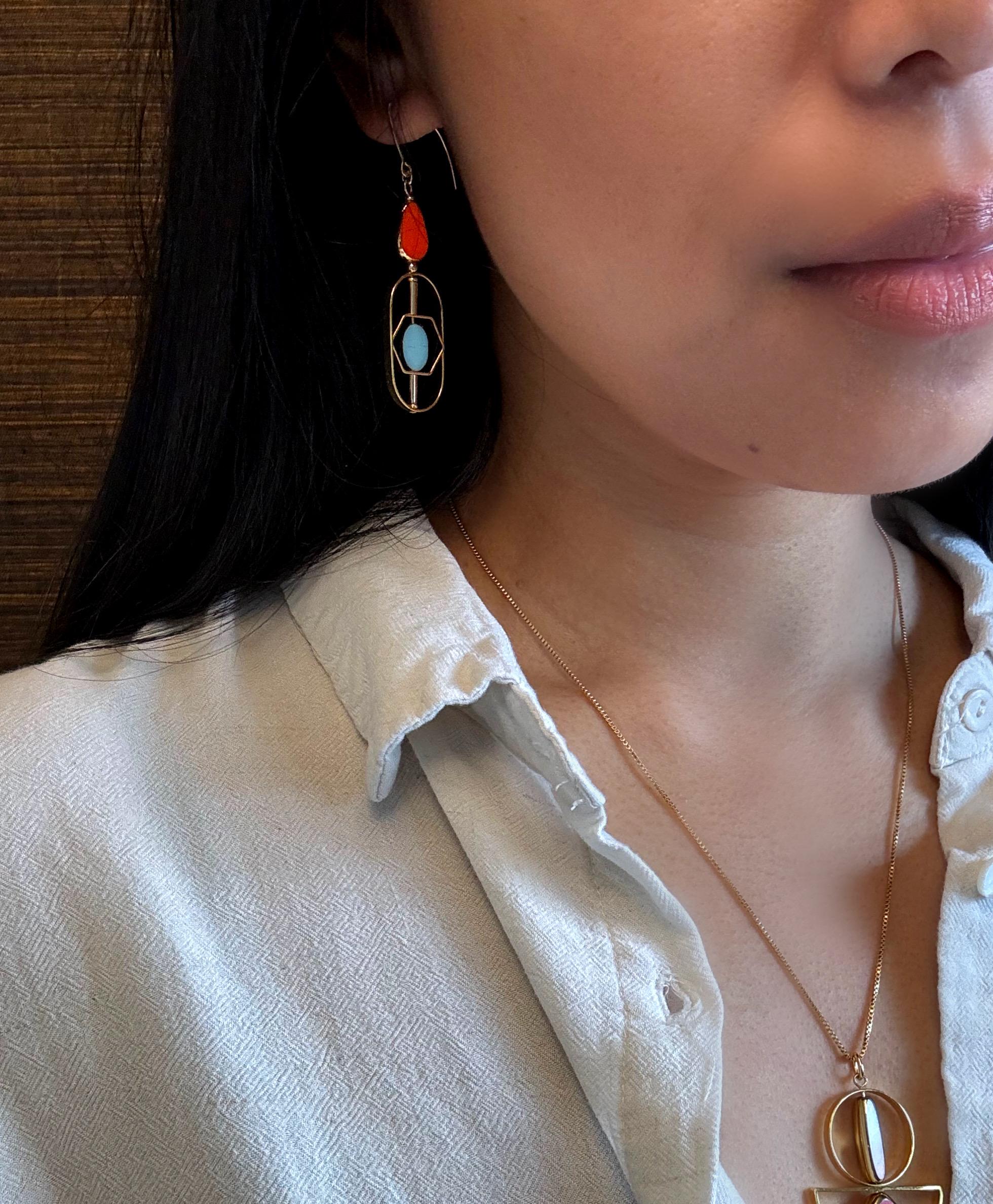 Blue & Reddish Orange Vintage German Glass Beads Art Deco 2303 earrings For Sale 1