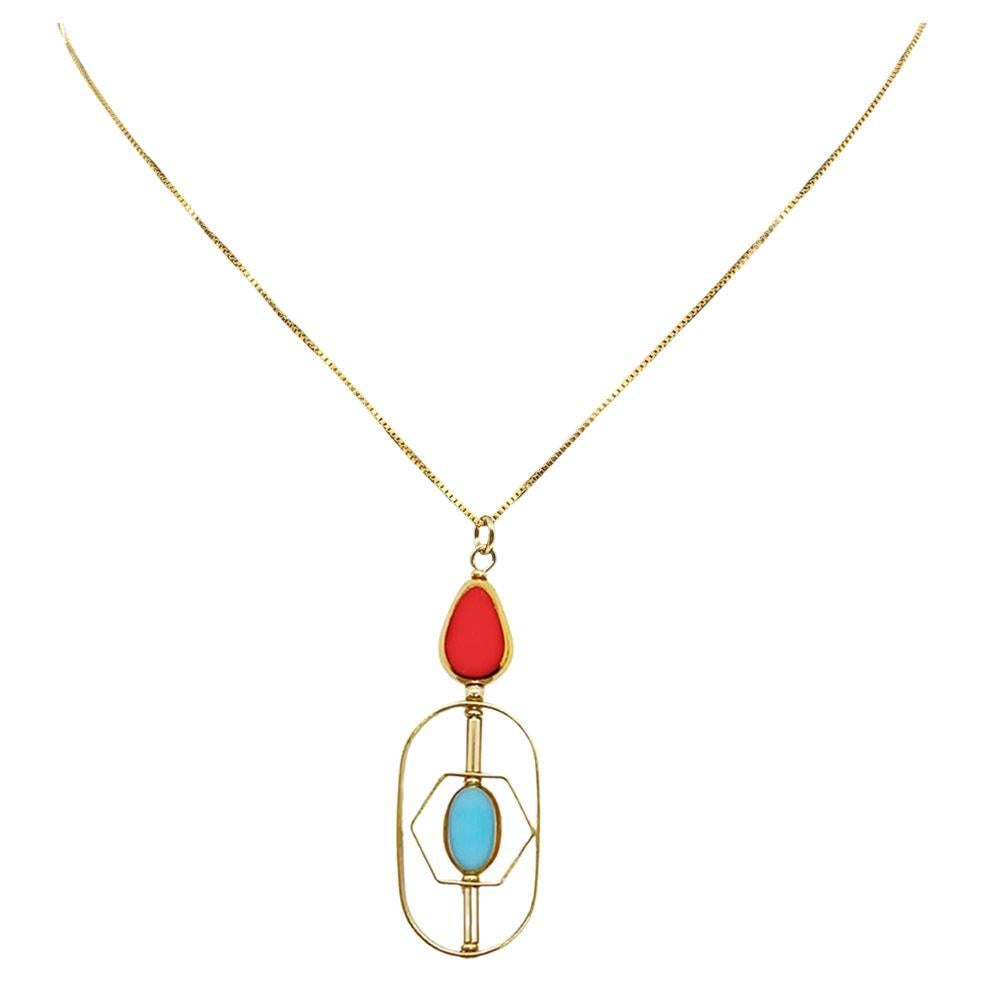 Blue & Reddish Orange Vintage German Glass Beads Art Deco 2303 Chain Necklace For Sale