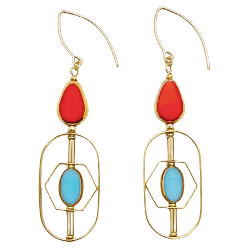 Blue & Reddish Orange Vintage German Glass Beads Art Deco 2303 earrings For Sale
