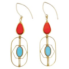 Blue & Reddish Orange Vintage German Glass Beads Art Deco 2303 earrings