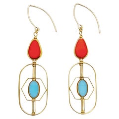 Bleu & Orange rougeâtre perles de verre allemand Vintage Art Deco 2303 boucles d'oreilles