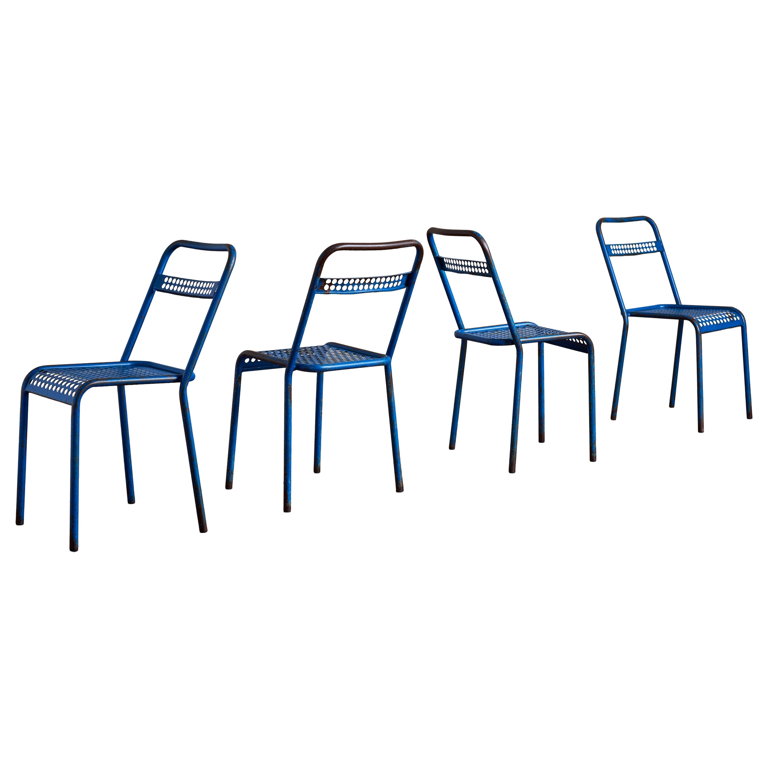Blue Rene Malaval Perforated Chairs - set of 4 For Sale