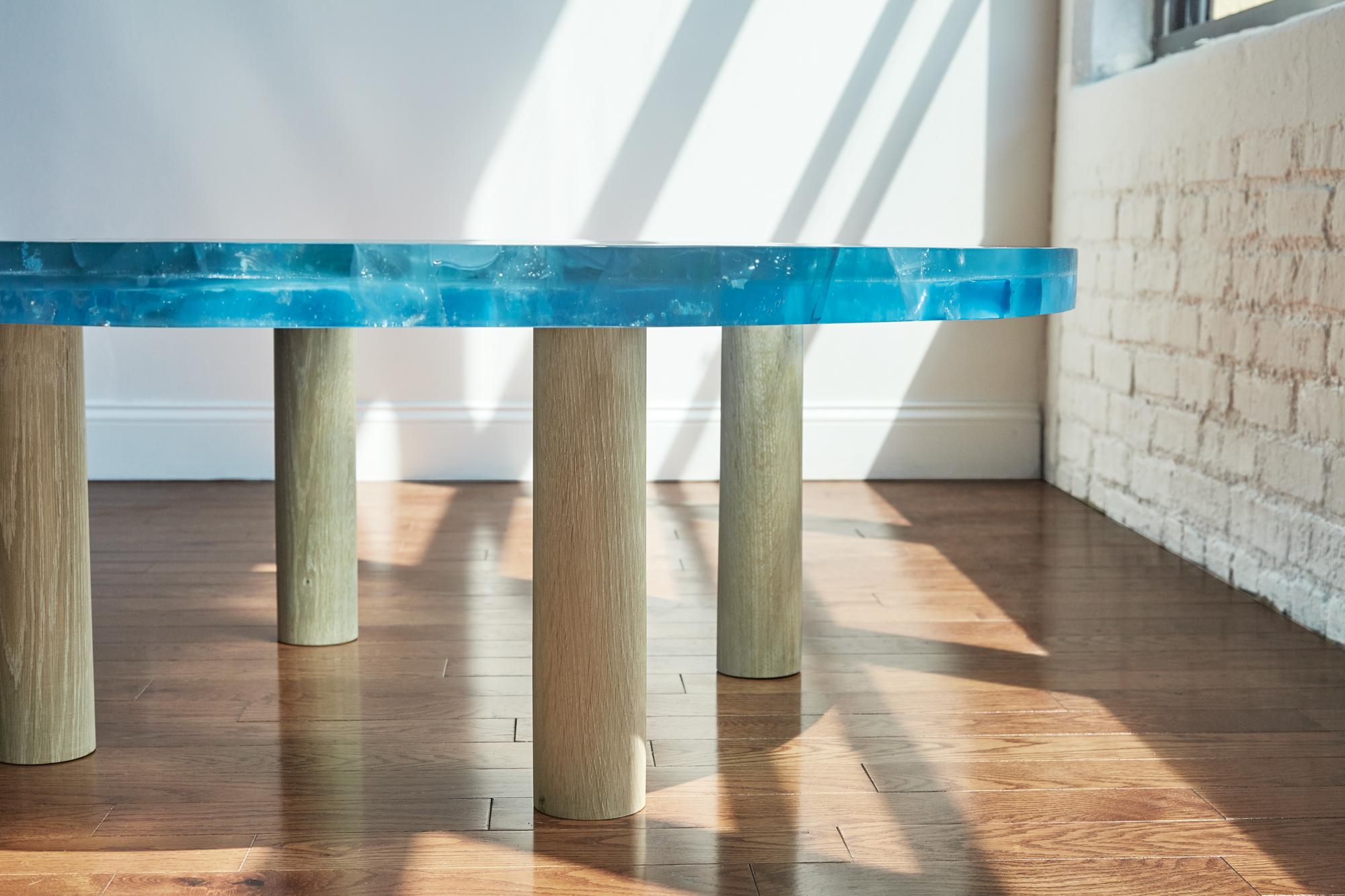 table with blue resin