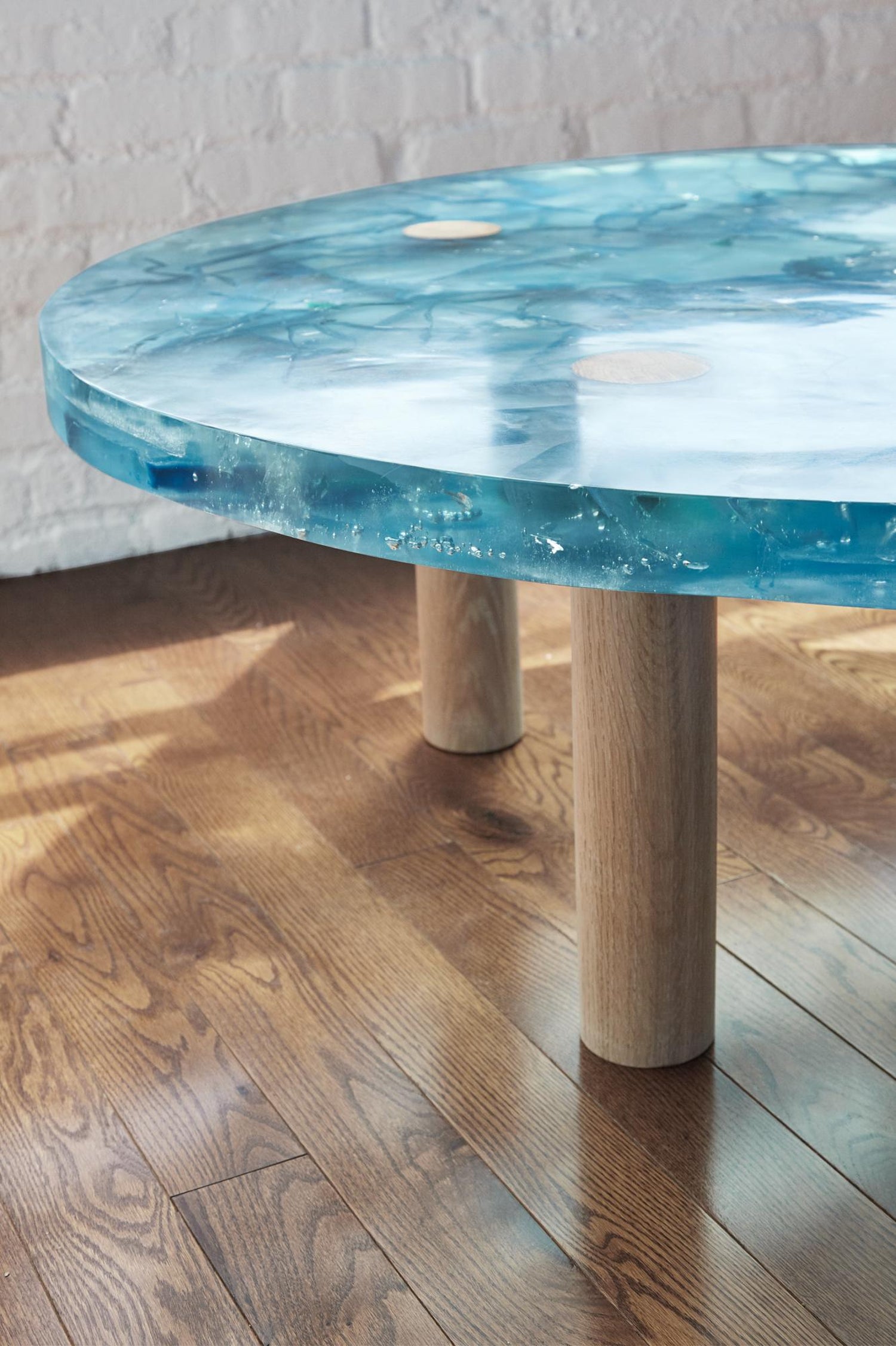 Handmade Blue Resin Coffee Table With Wood Legs For Sale At 1stdibs