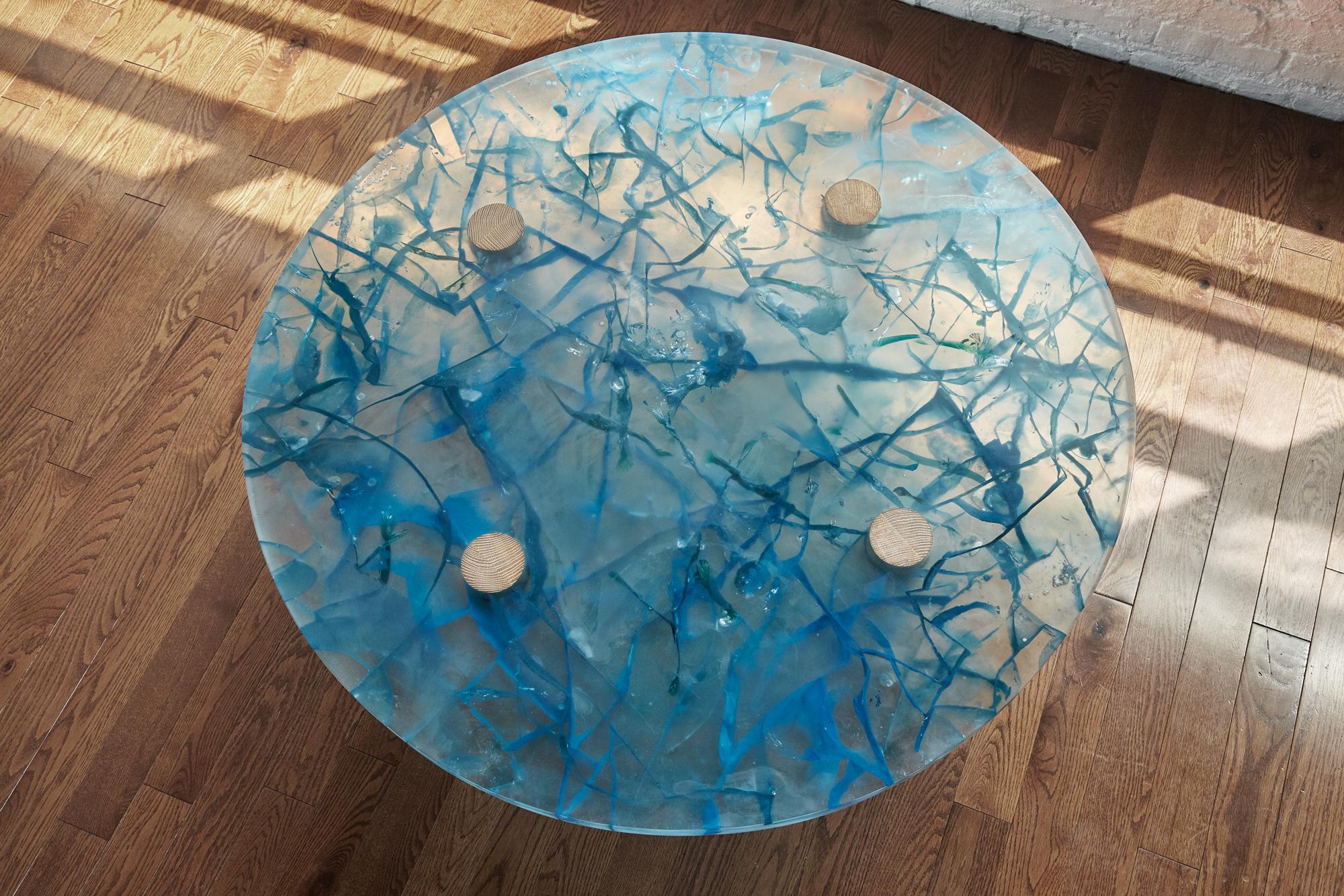 American Handmade Blue Resin Coffee Table with Wood Legs For Sale