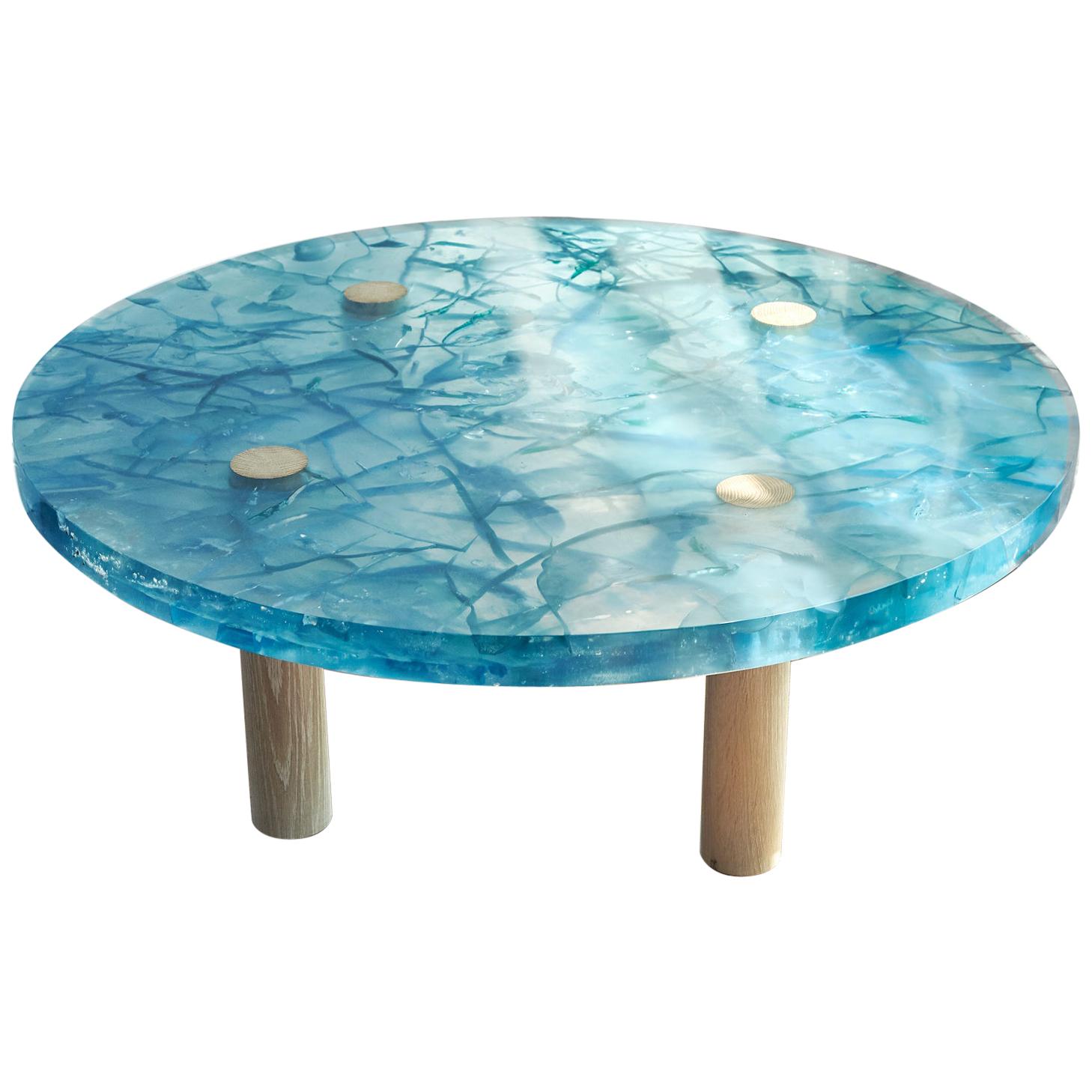Handmade Blue Resin Coffee Table with Wood Legs For Sale