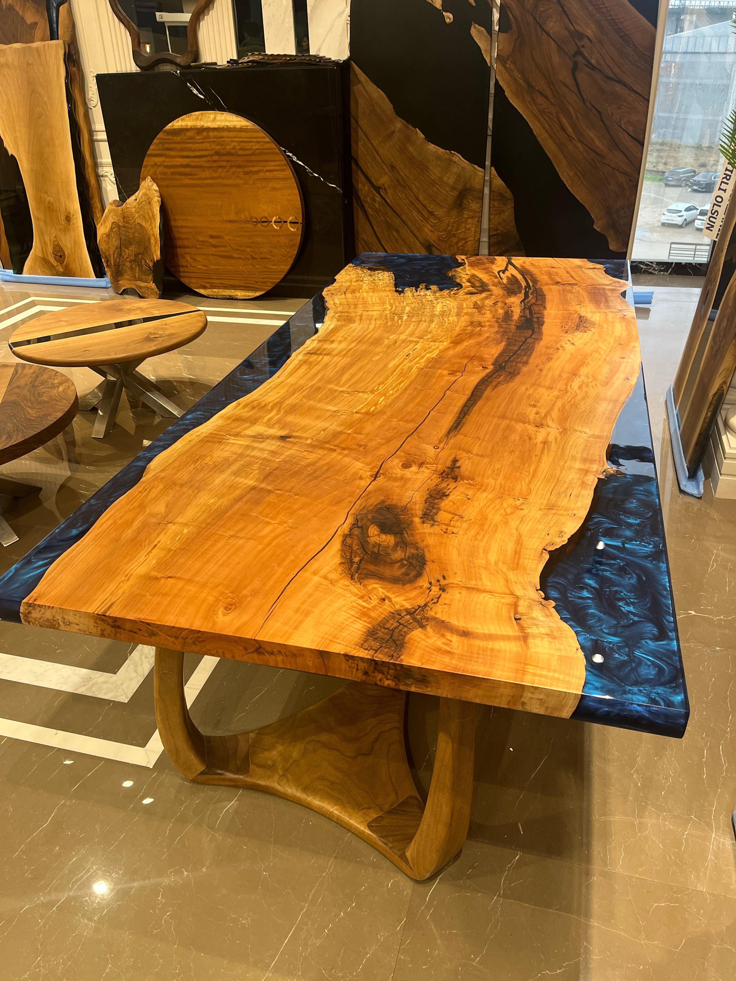 Arts and Crafts Blue Resin Dining Table - Live Edge Wood Table - River Table For Sale