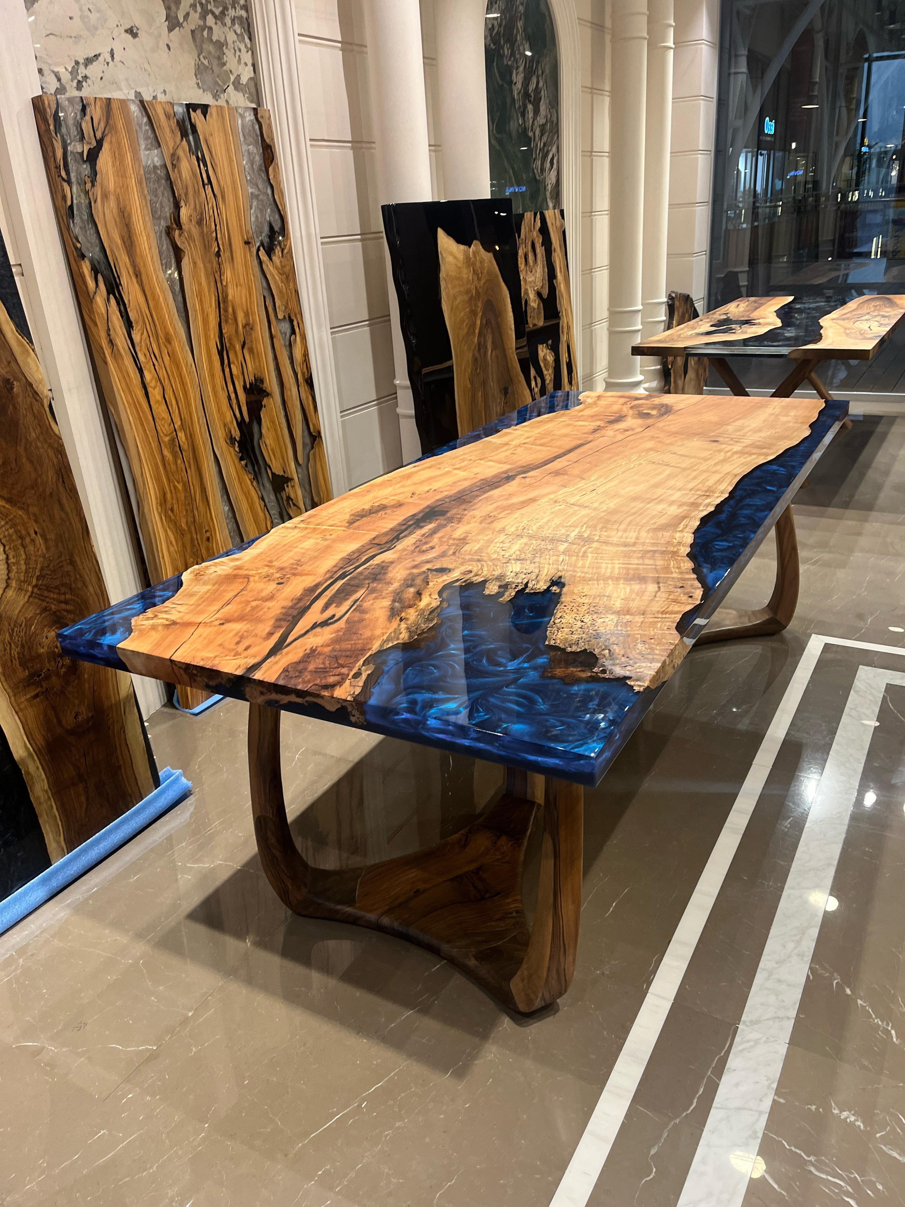 Turkish Blue Resin Dining Table - Live Edge Wood Table - River Table For Sale