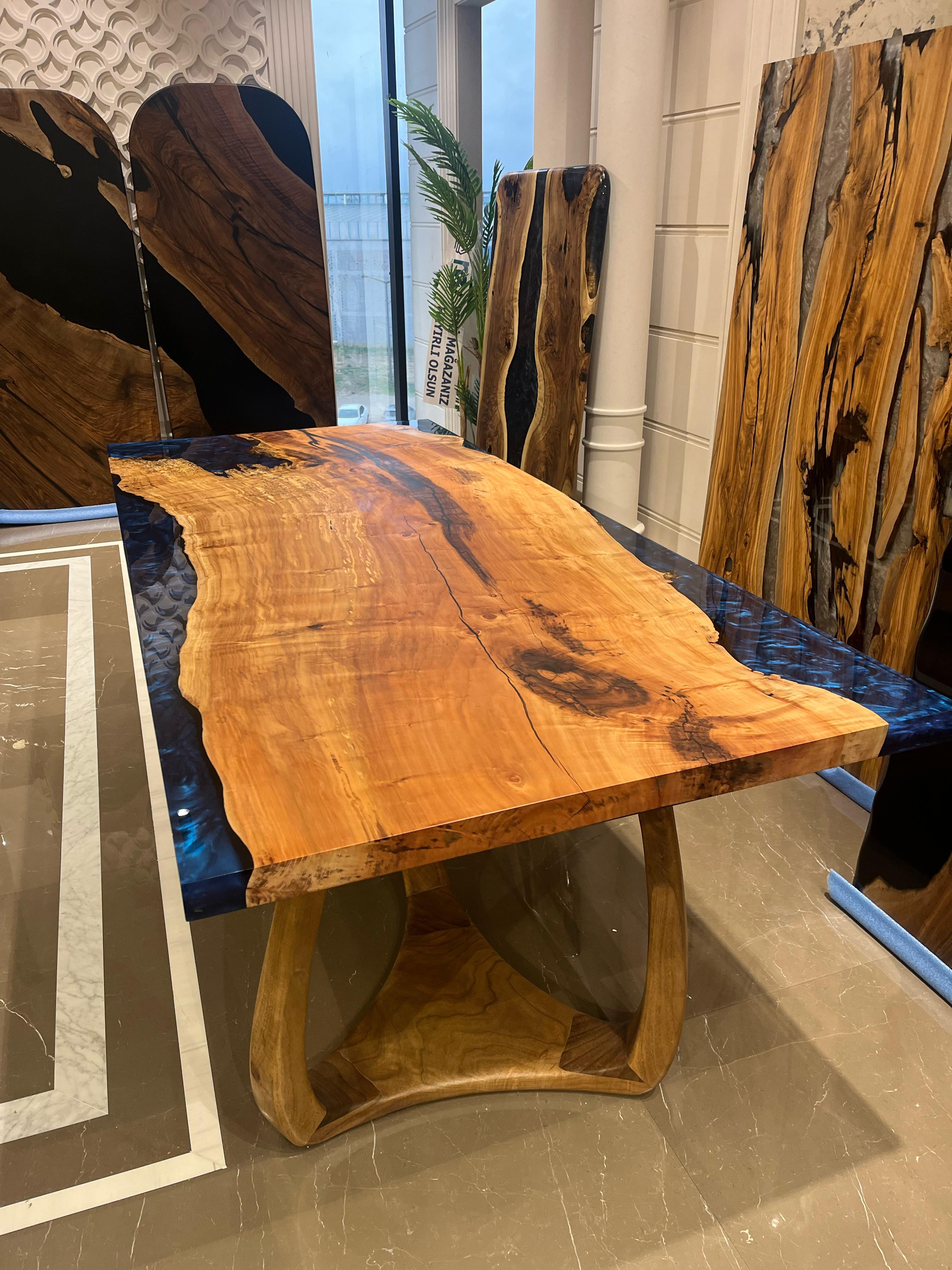 Brushed Blue Resin Dining Table - Live Edge Wood Table - River Table For Sale