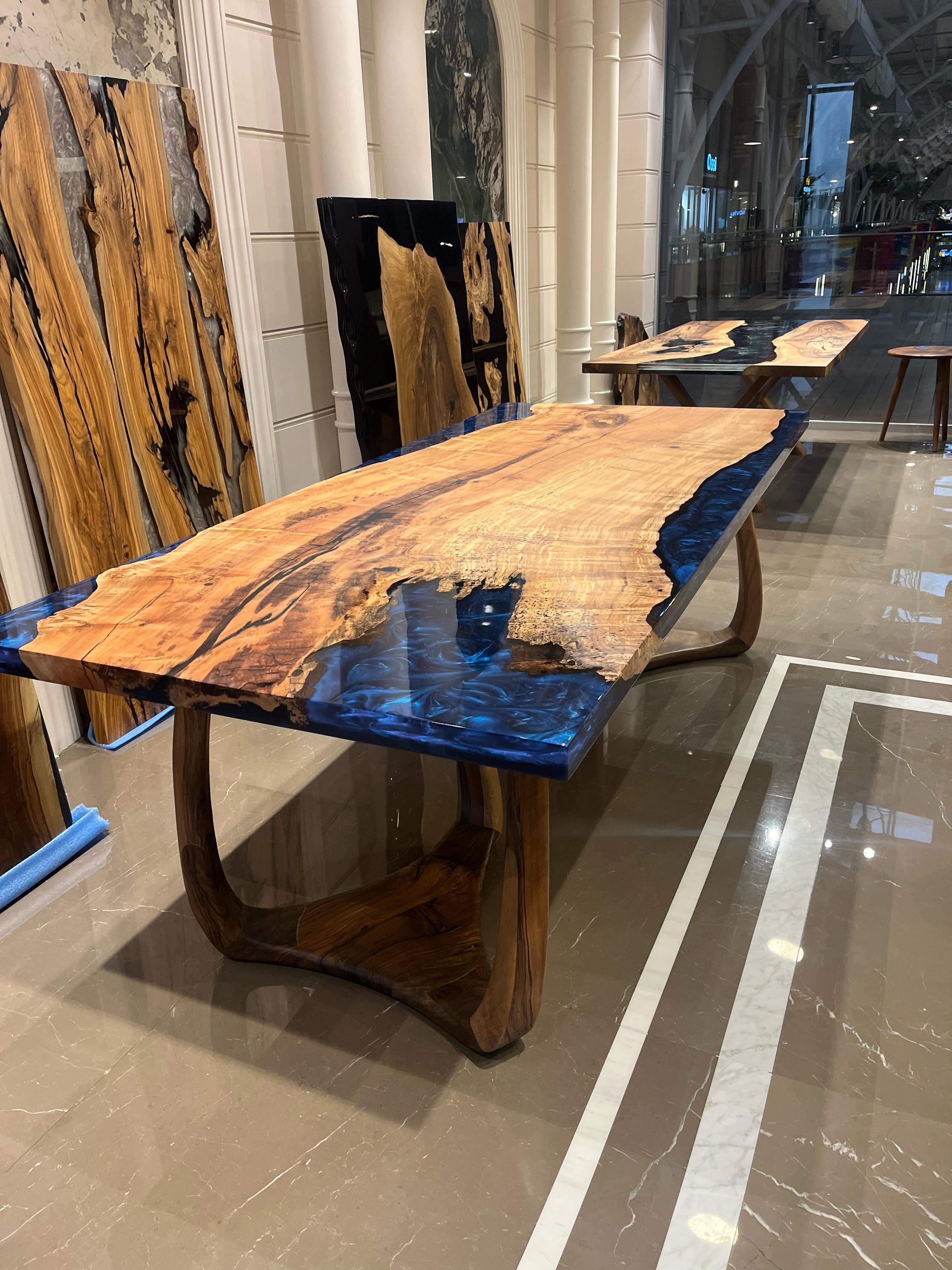 Contemporary Blue Resin Dining Table - Live Edge Wood Table - River Table For Sale