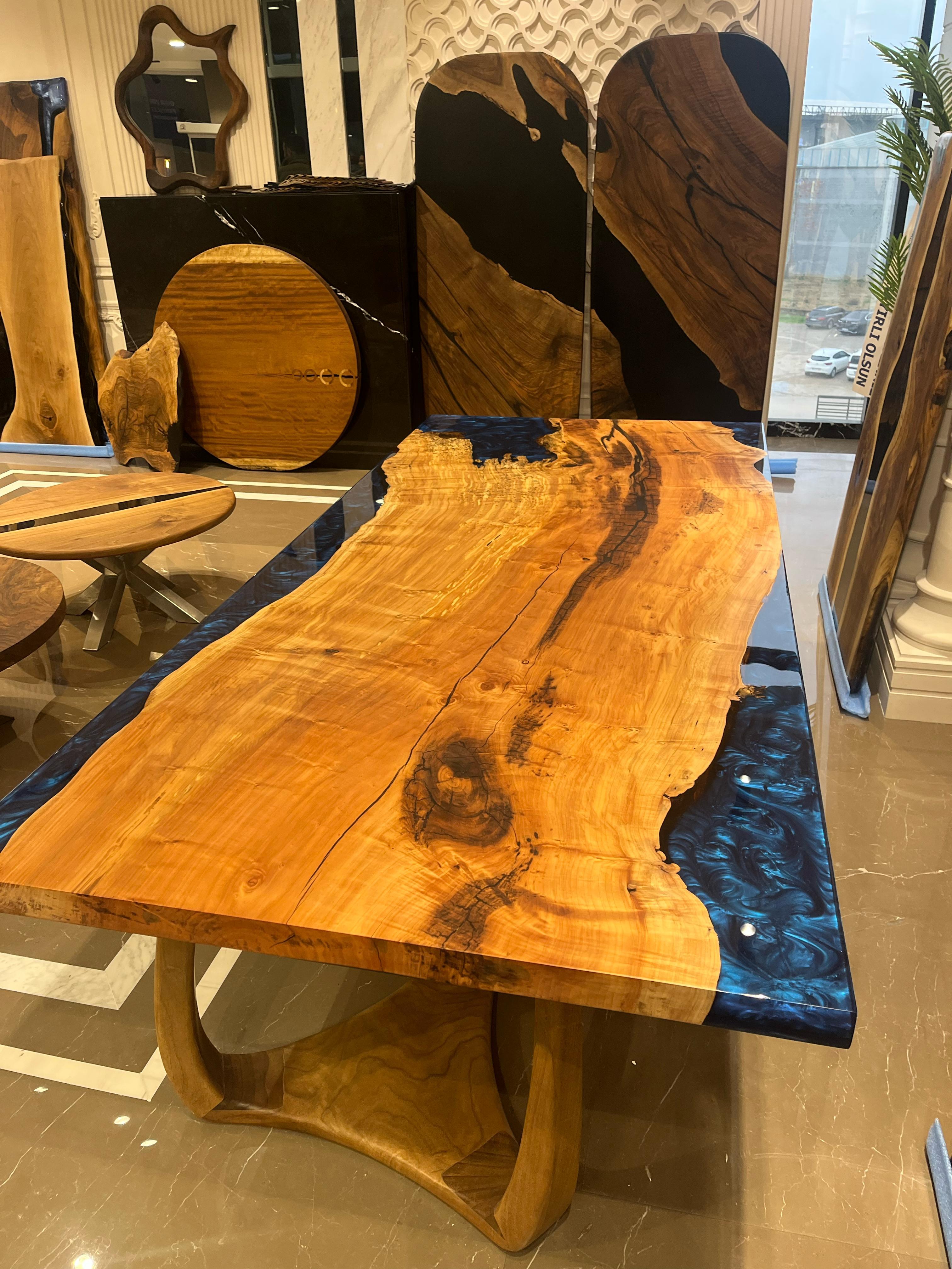 Epoxy Resin Blue Resin Dining Table - Live Edge Wood Table - River Table For Sale