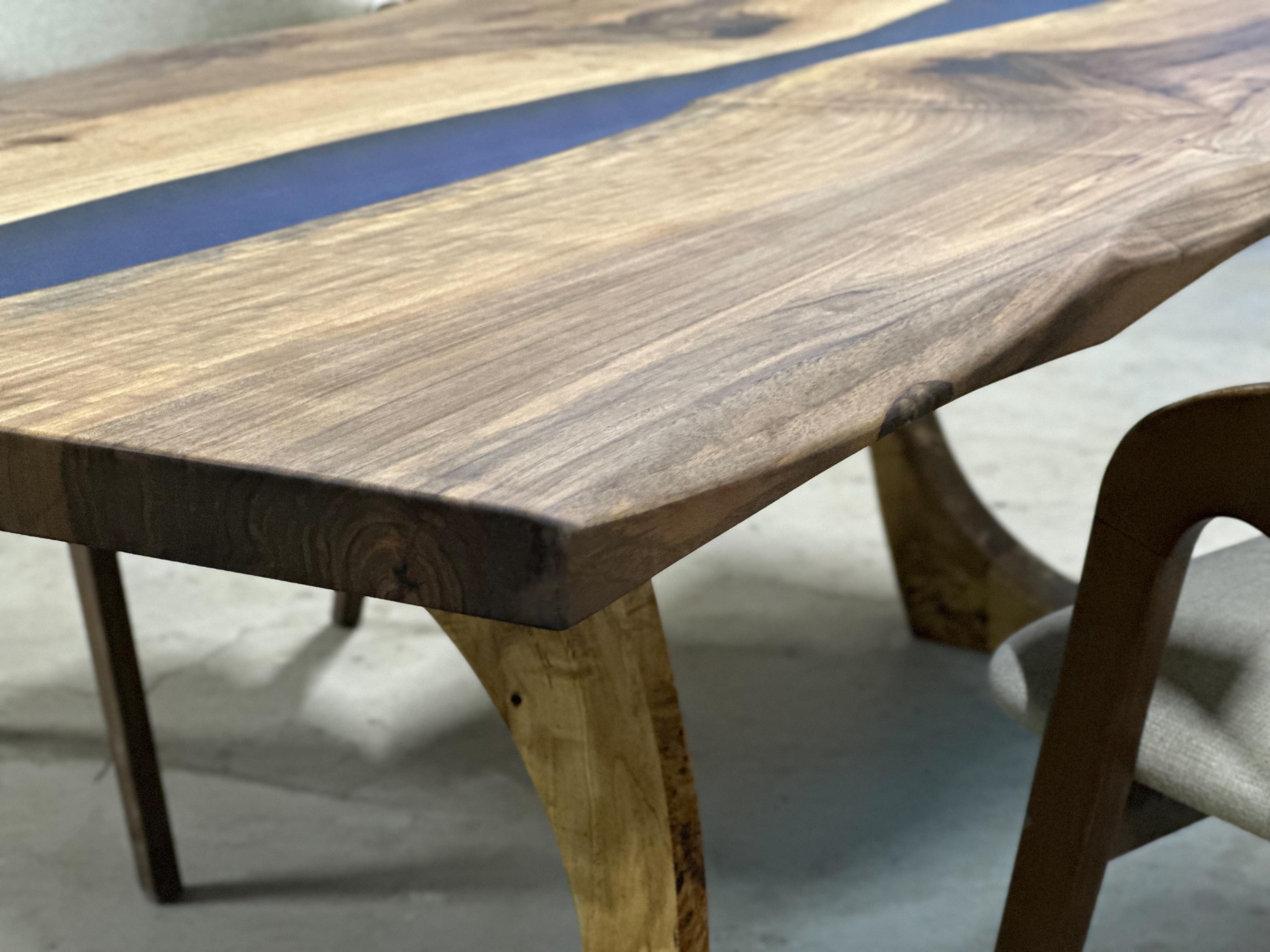Arts and Crafts Blue Resin Walnut Wood Epoxy Dining Table For Sale