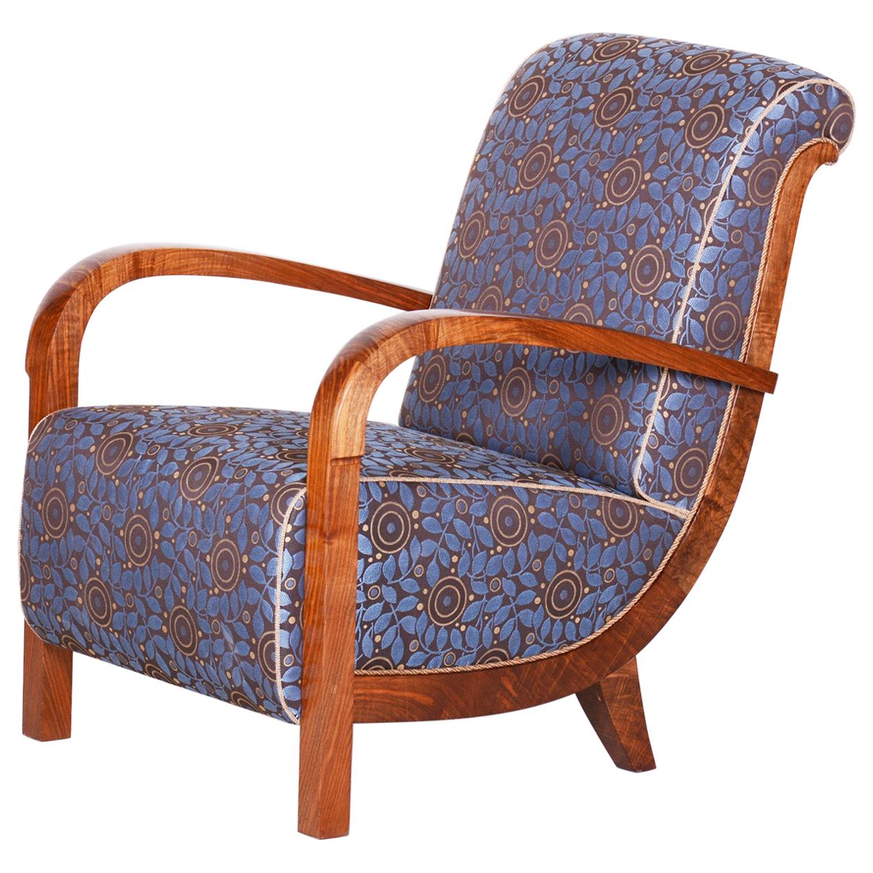 Blue Restored Art Deco Armchair, New Upholstery with Fabric Backhausen
