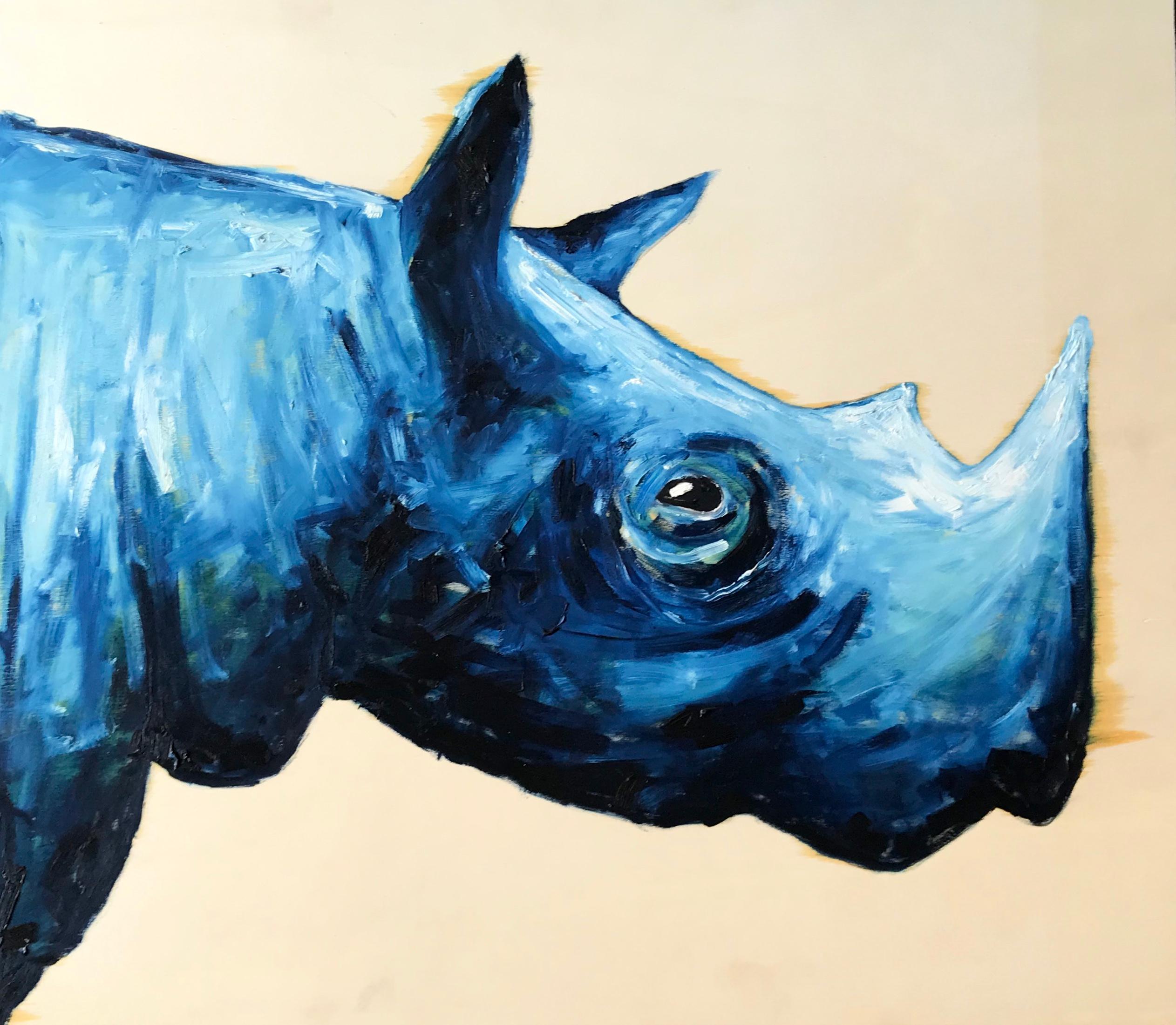 Blaues Rhinozeros. Zeitgenössisches Acrylgemälde eines sympathischen Nashorns auf einer rohen Holzplatte. Nicht signiert. Italien, 2019.
Abmessungen: 22