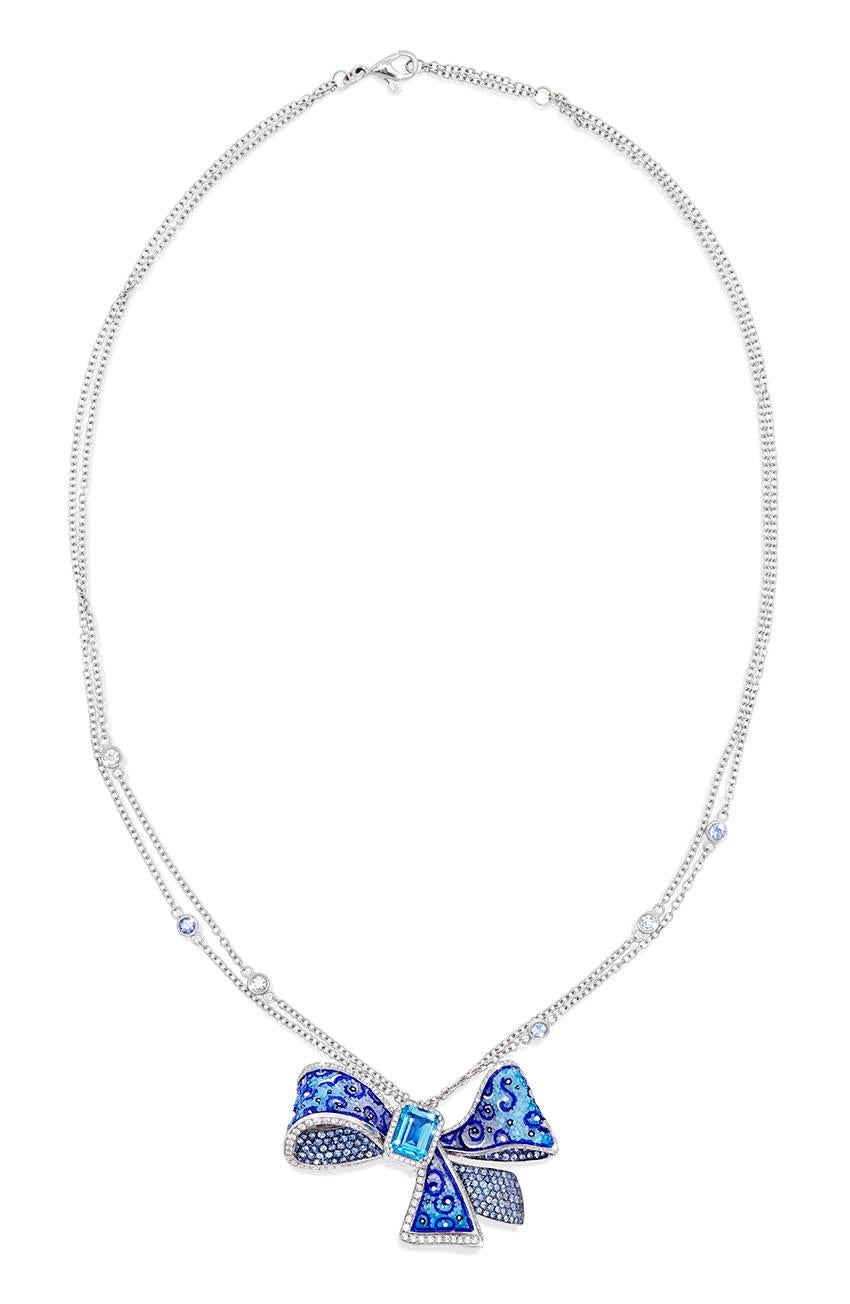 Modern Blue Ribbon Necklace White Gold White Diamonds Topaz Decorated Micromosaic For Sale