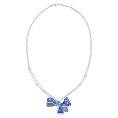 Blue Ribbon Necklace White Gold White Diamonds Topaz Decorated Micromosaic
