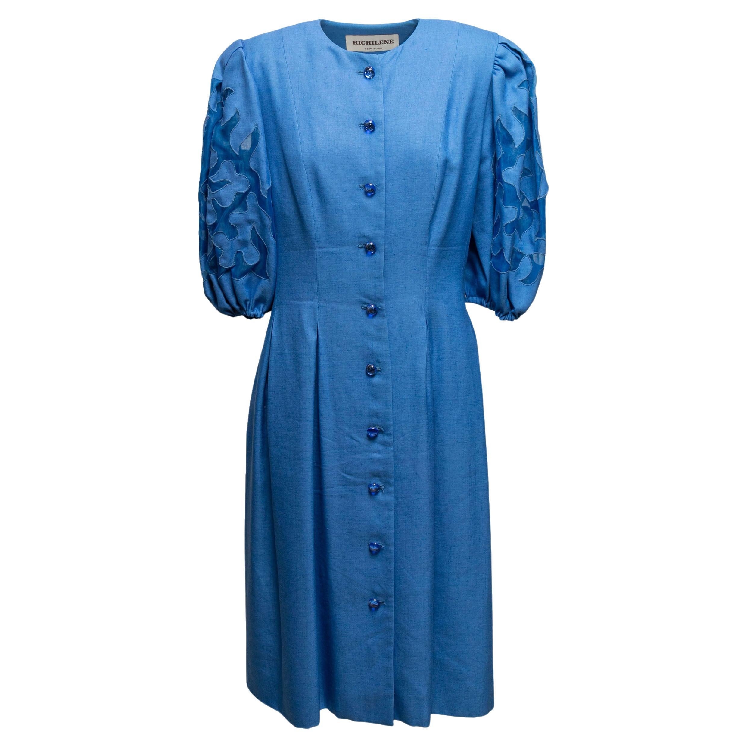 Blue Richilene Puff Sleeve Button-Up Dress Size US L For Sale