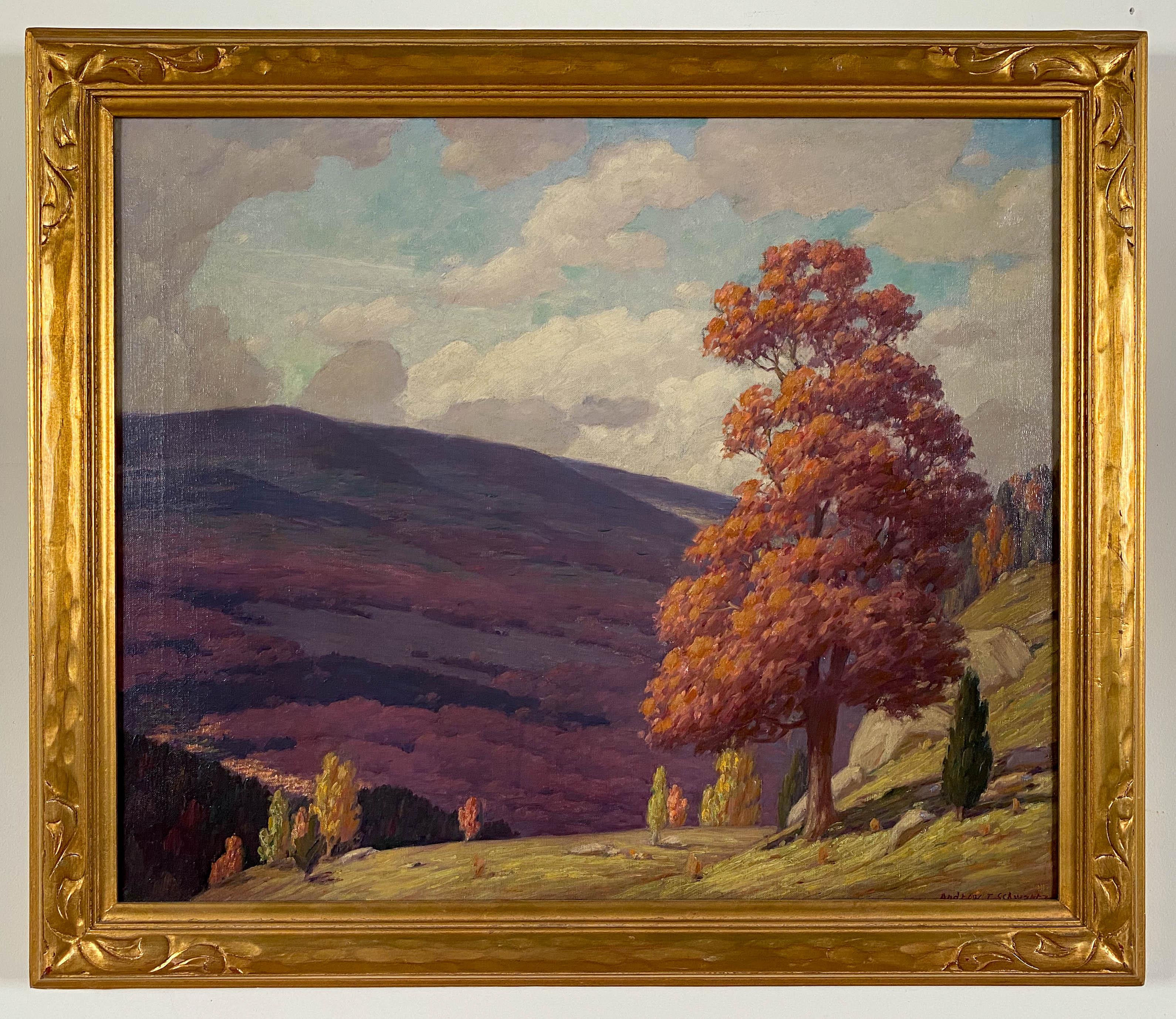 Andrew Thomas Schwartz.
American, 1867-1942.
Blue ridge mountains, Virginia.

Oil on canvas:
24 by 30 inch W/frame 28 ½ by 34 ½ inch.
Signed lower right.

Andrew T. Schwartz was born in Louisville, Kentucky.  His early education was in the public