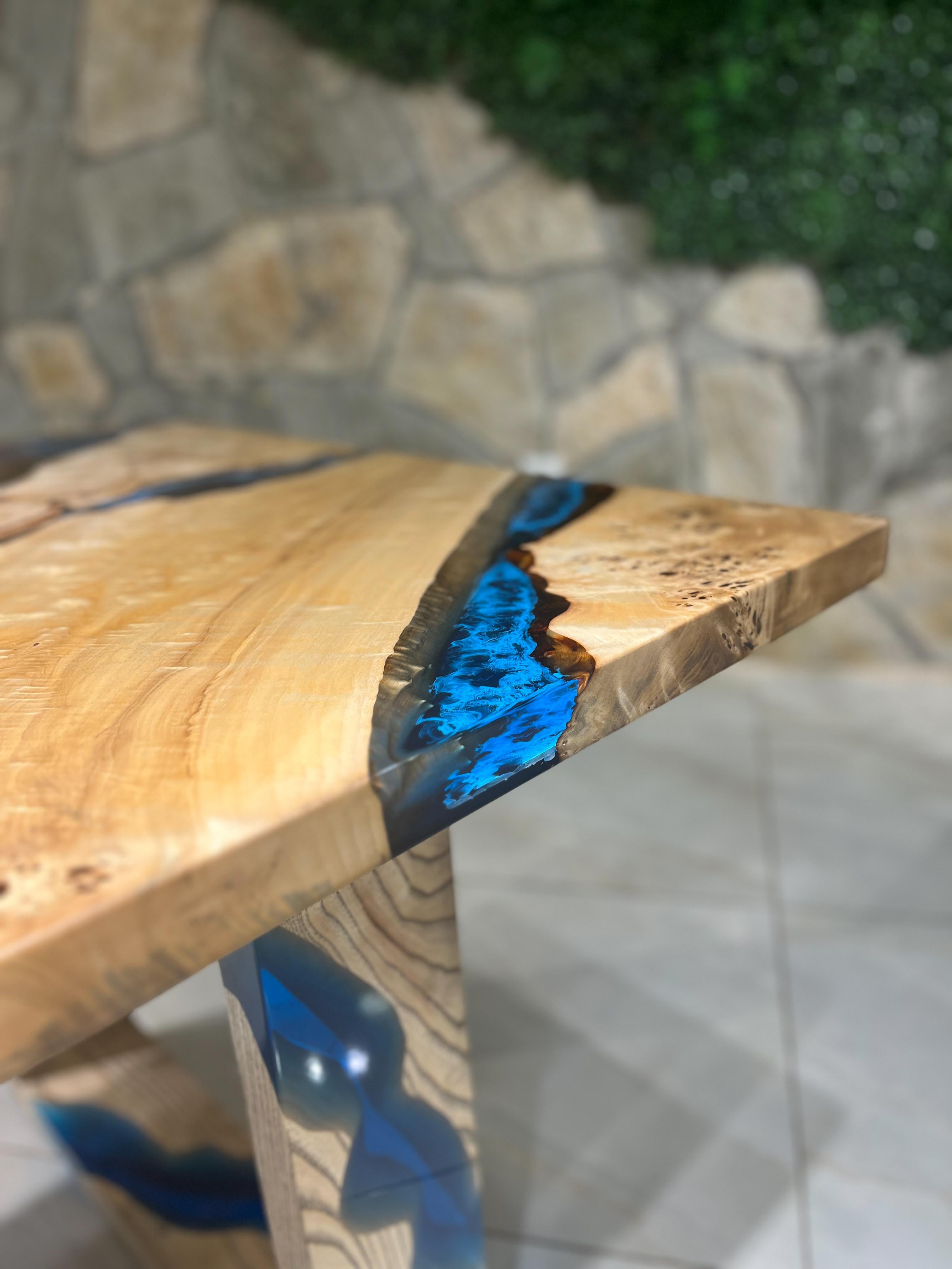 Arts and Crafts Blue River Epoxy Resin Dining Solid Wood Table For Sale