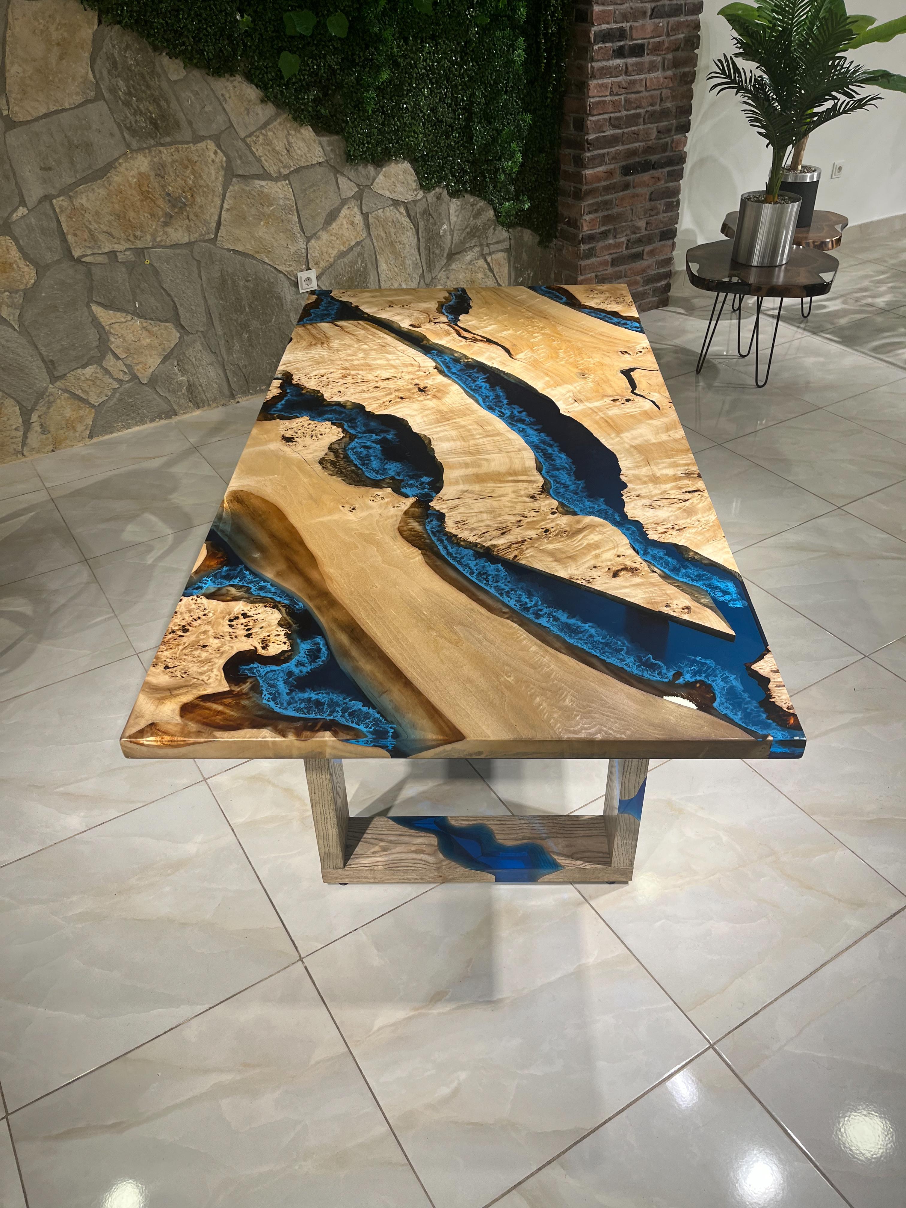 Turkish Blue River Epoxy Resin Dining Solid Wood Table For Sale