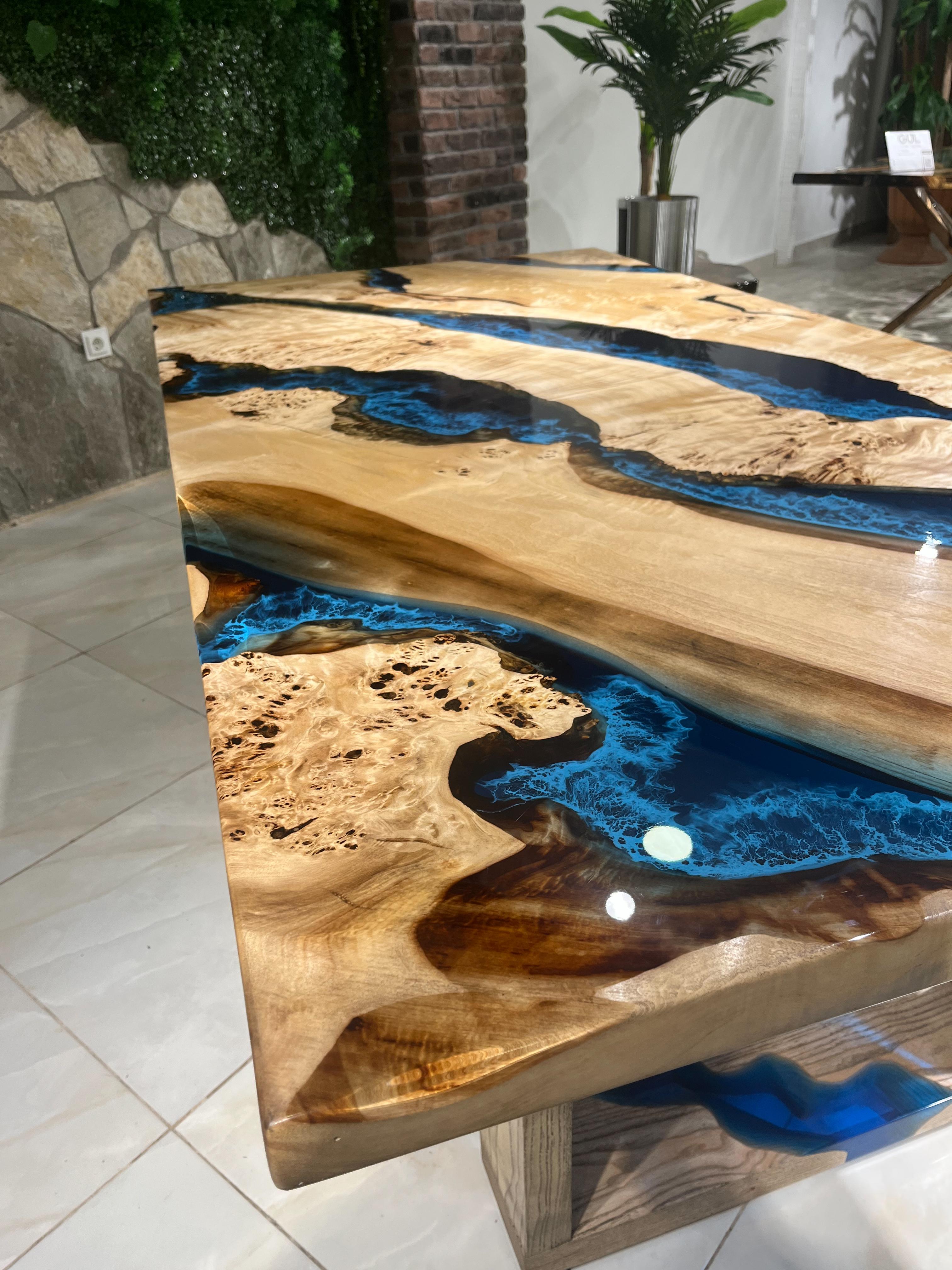 Hand-Carved Blue River Epoxy Resin Dining Solid Wood Table For Sale