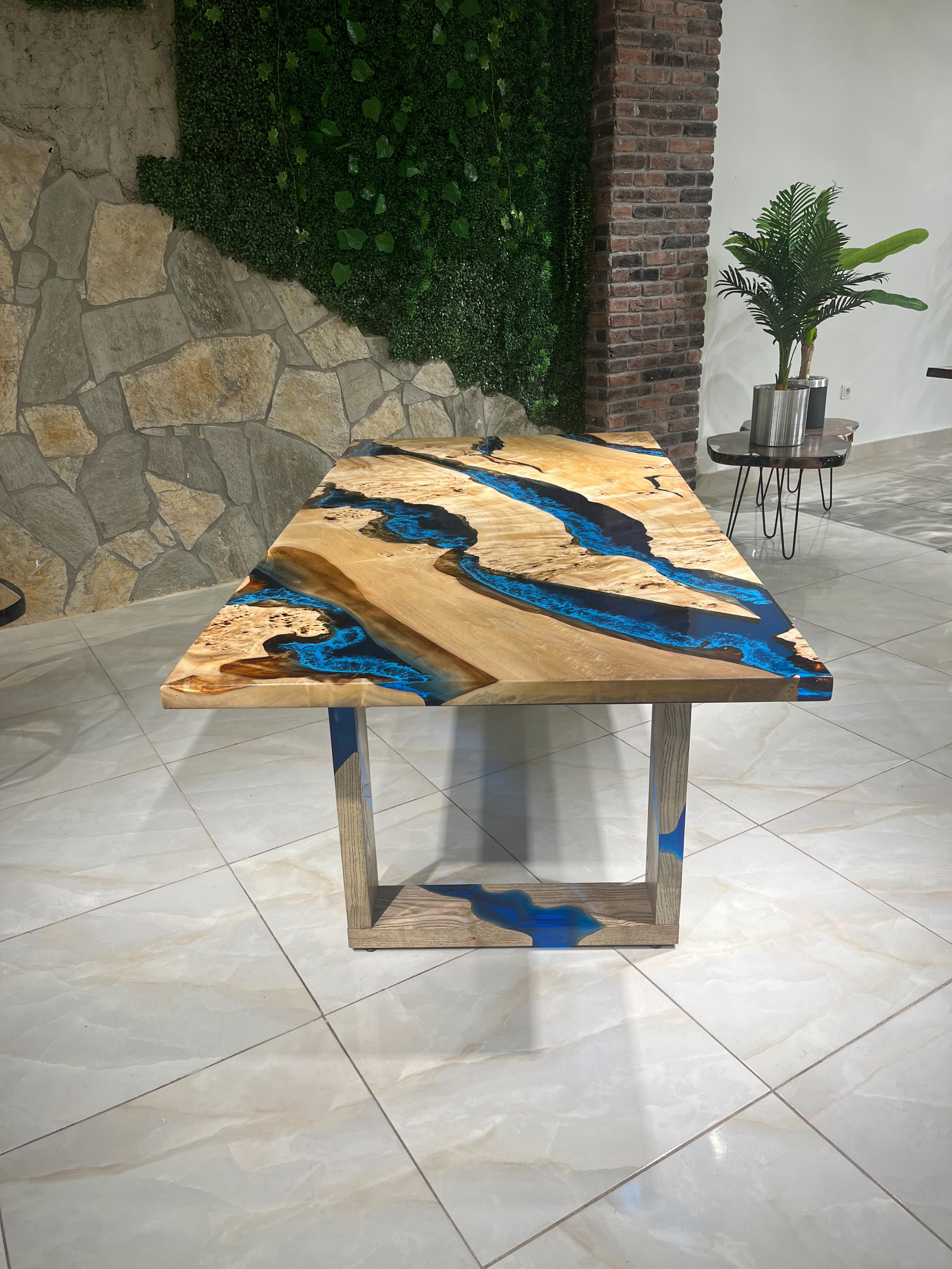 Contemporary Blue River Epoxy Resin Dining Solid Wood Table For Sale