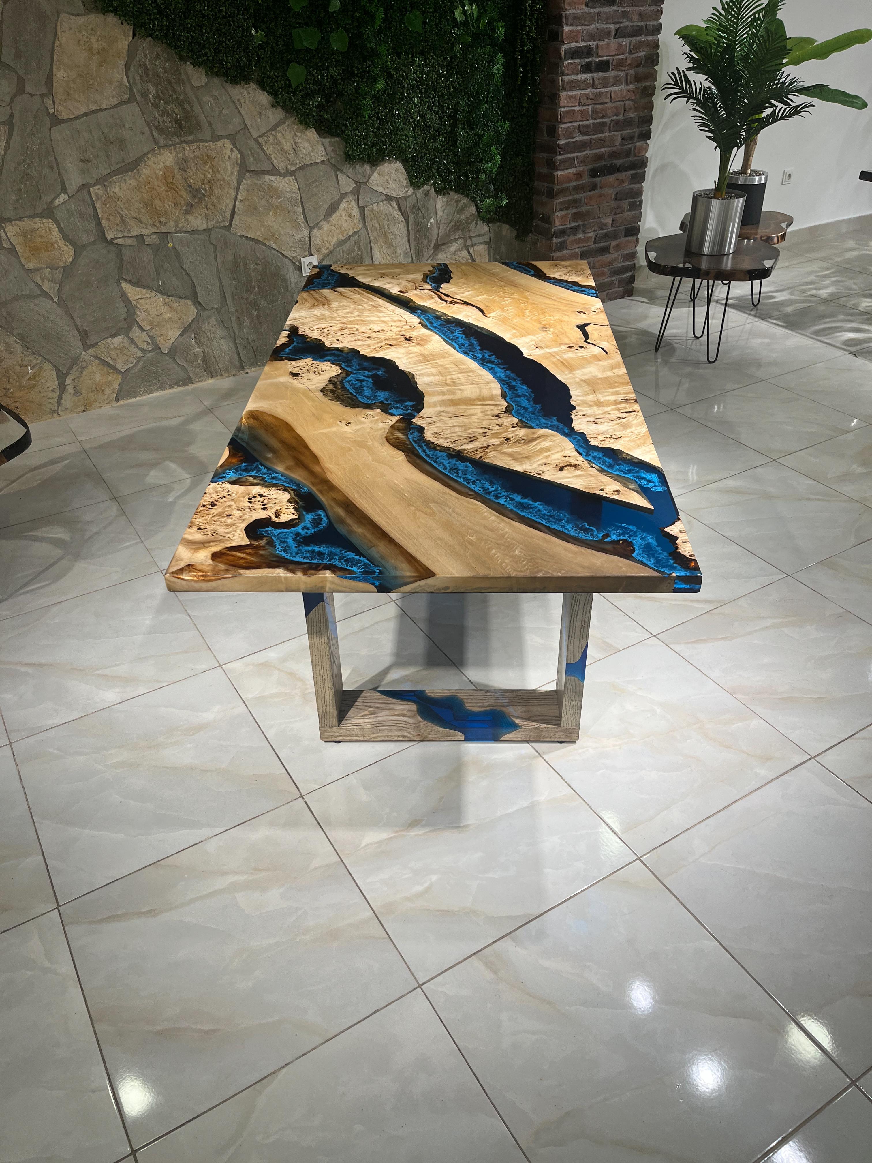 Blue River Epoxy Resin Dining Solid Wood Table For Sale 1