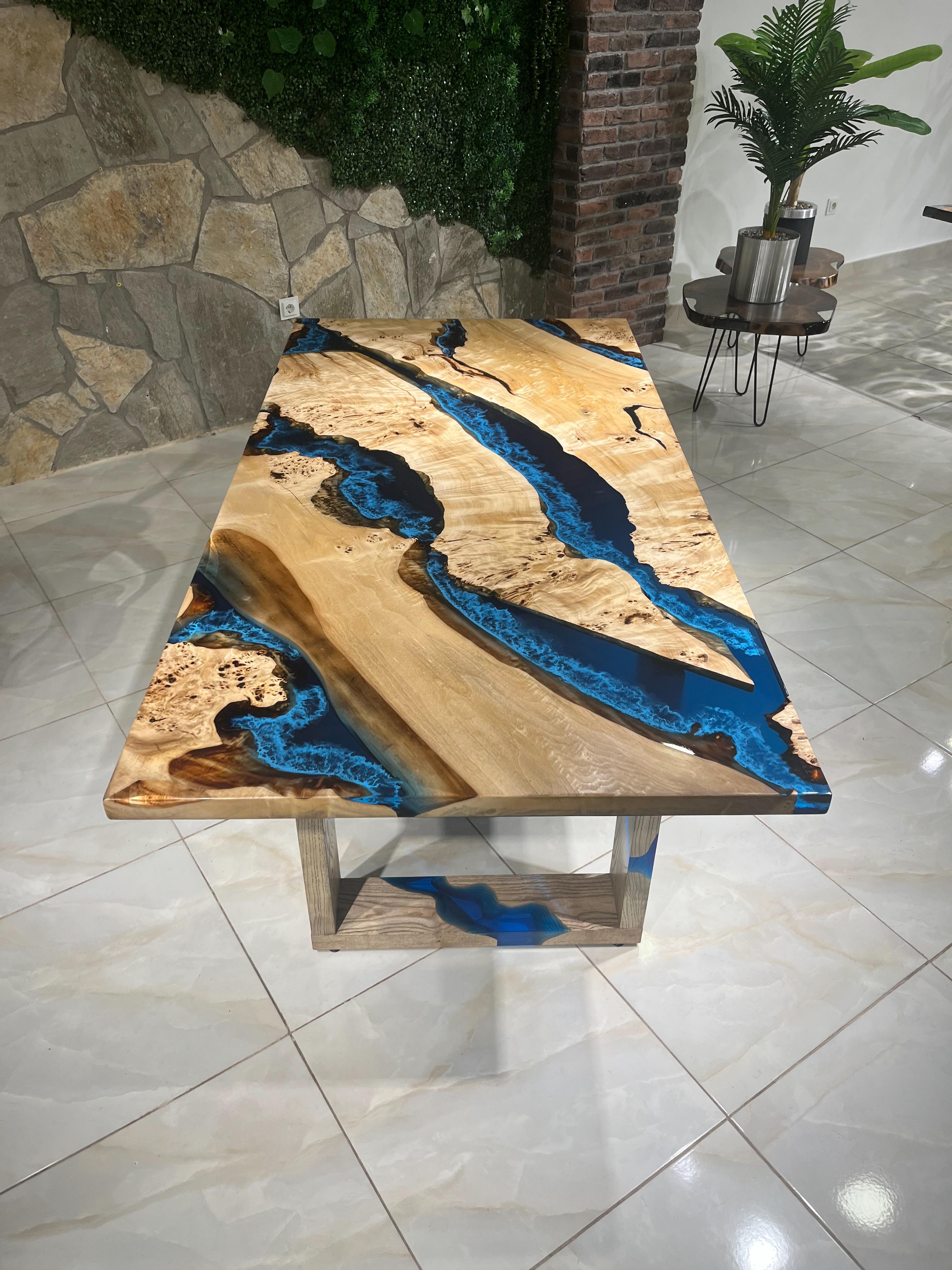 Blue River Epoxy Resin Dining Solid Wood Table For Sale 2