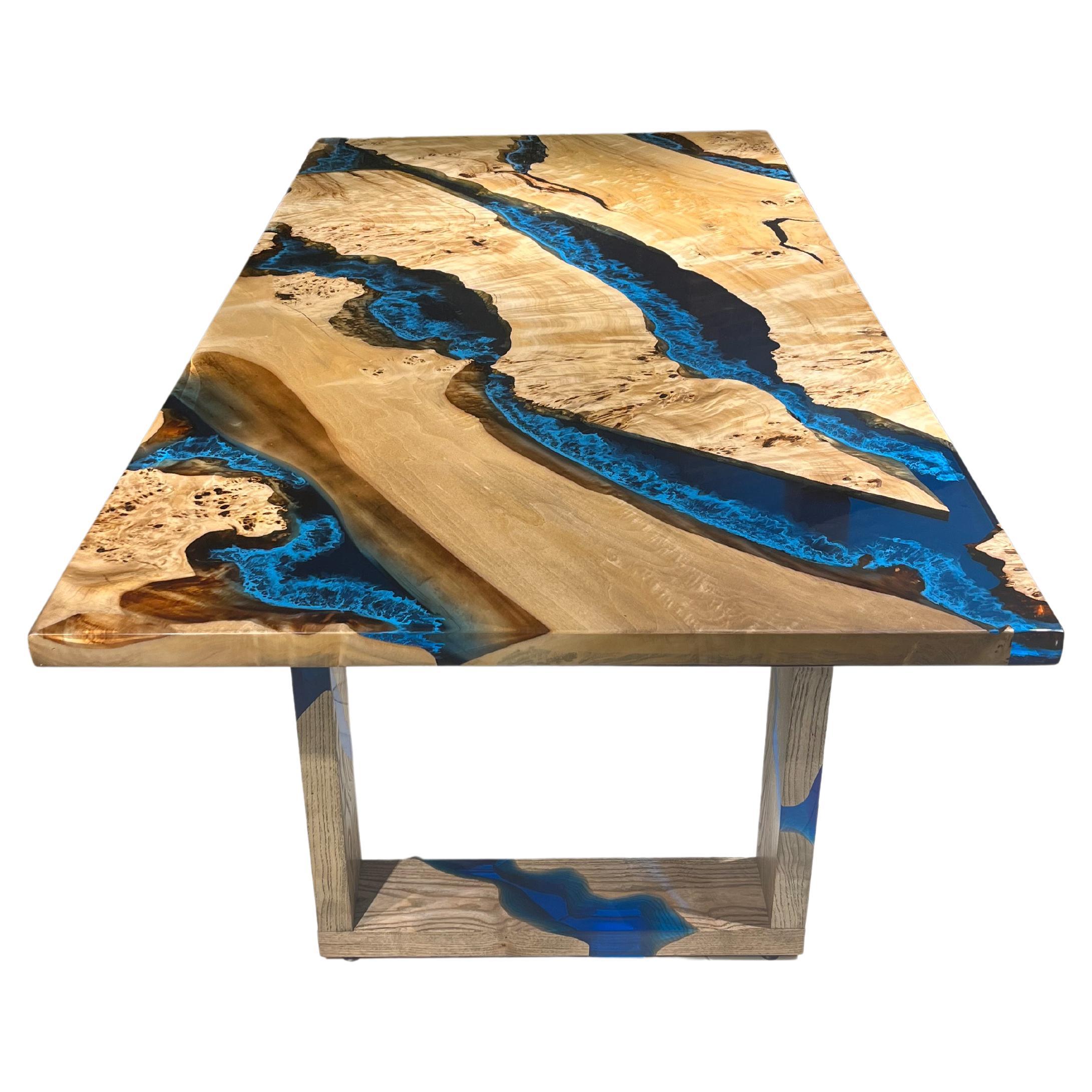 Blue River Epoxy Resin Dining Solid Wood Table For Sale