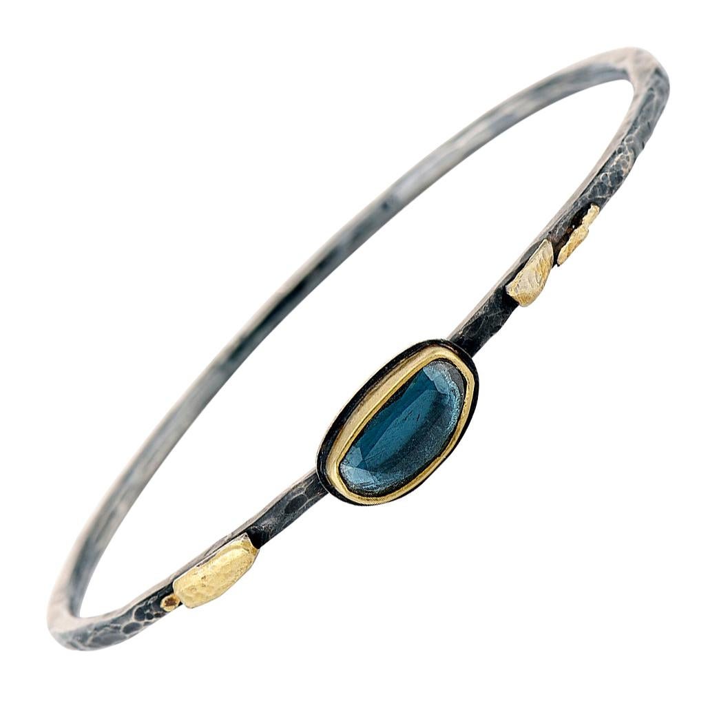 Blue Rose Cut Spinel, Mixed Metal Sterling Silver, Gold Bangle Bracelet