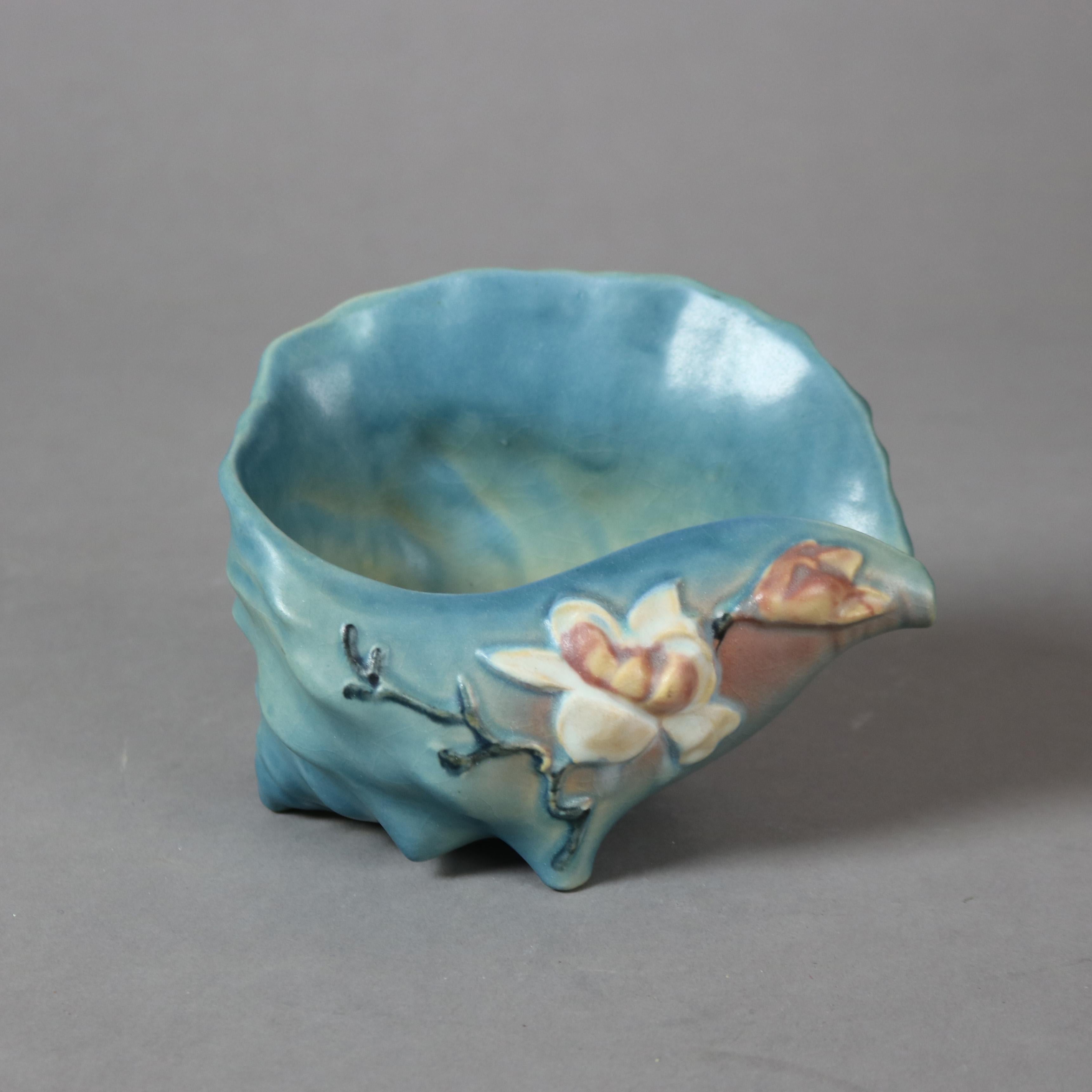 20th Century Blue Roseville Art Pottery Shell with Magnolia Pattern Mid 20thC