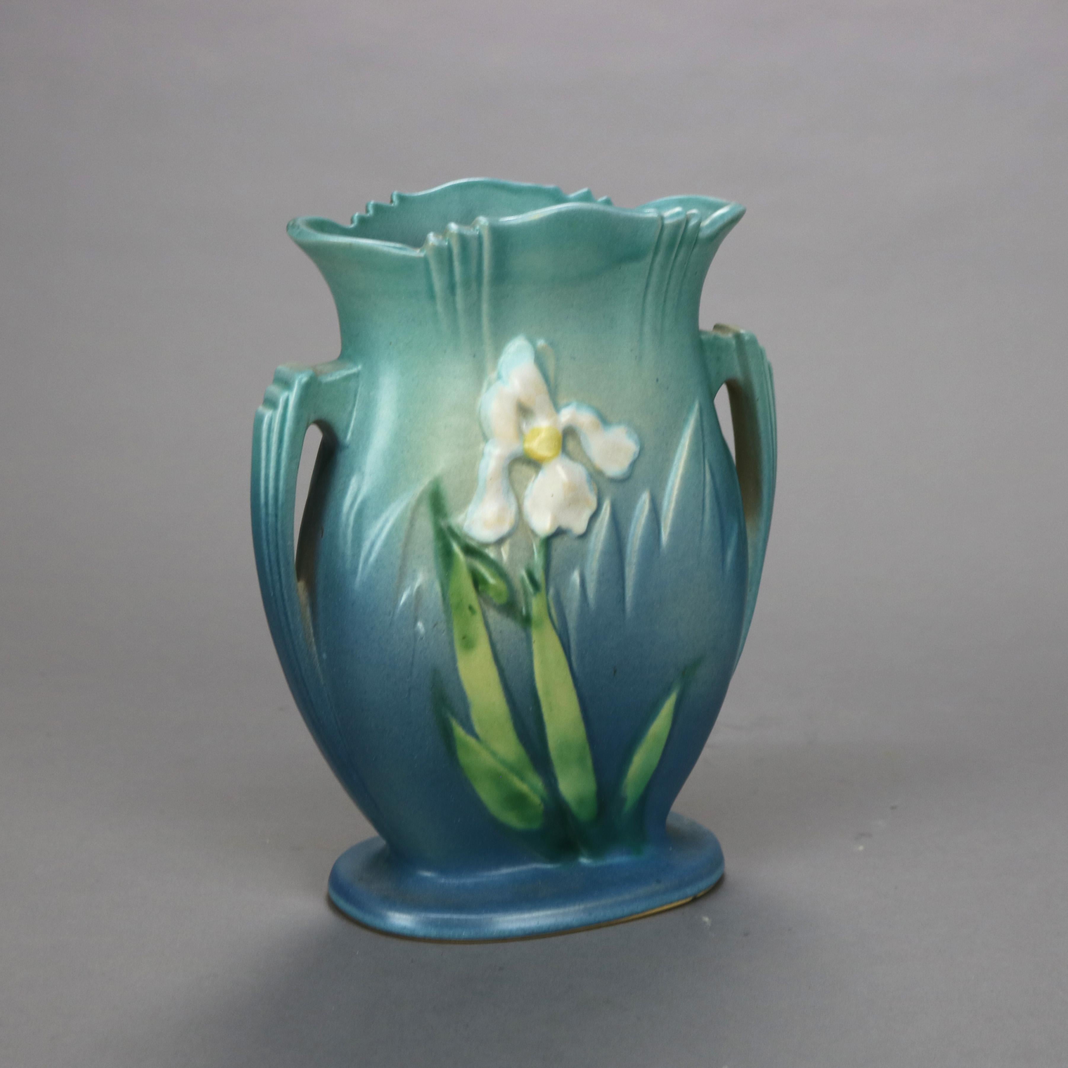 Blue Roseville Art Pottery Vase with Iris Pattern Mid 20thC In Good Condition In Big Flats, NY