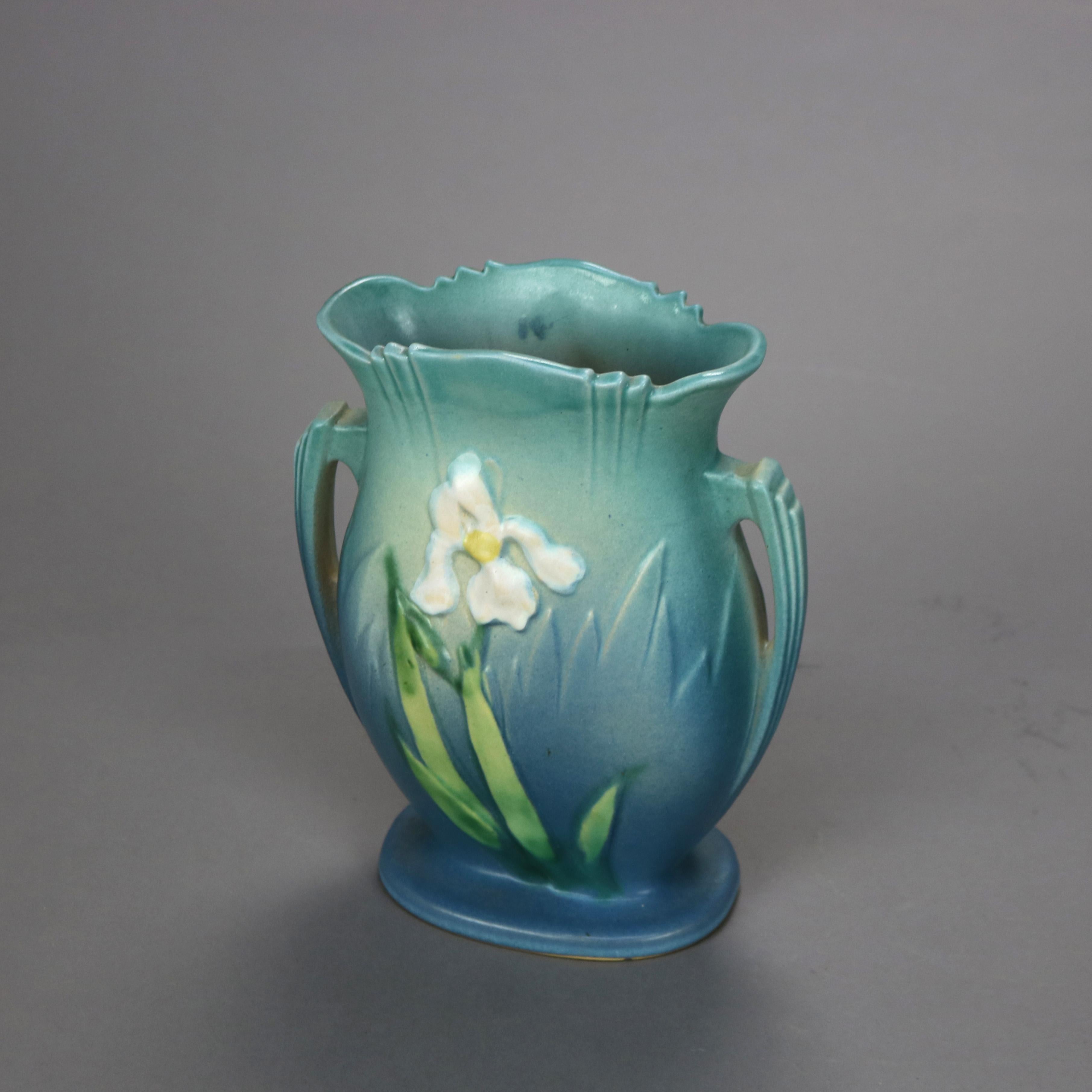 20th Century Blue Roseville Art Pottery Vase with Iris Pattern Mid 20thC
