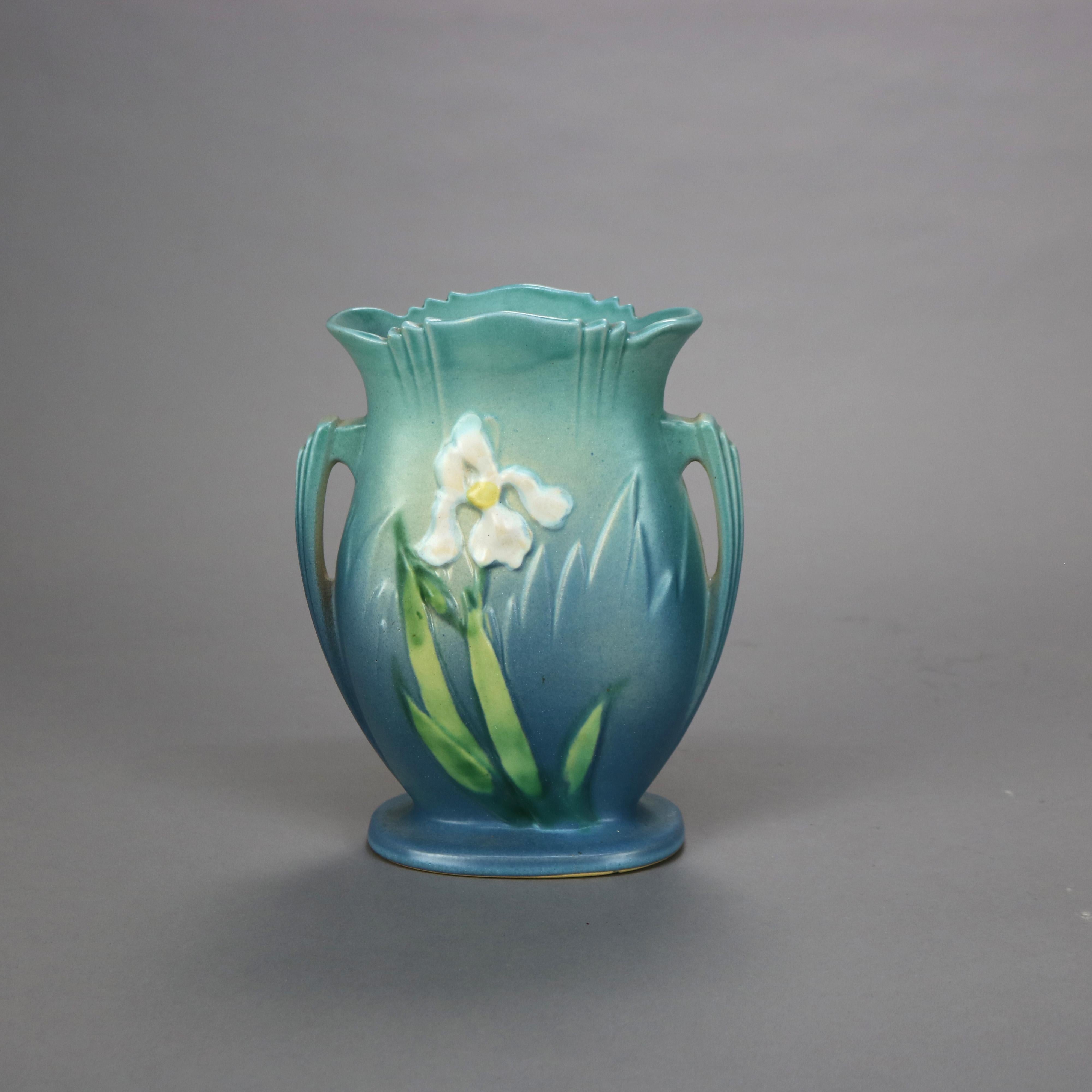 Blue Roseville Art Pottery Vase with Iris Pattern Mid 20thC 2