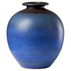Blue round Berndt Friberg Vase for Gustavsberg Swedish Stoneware Signed 1960s