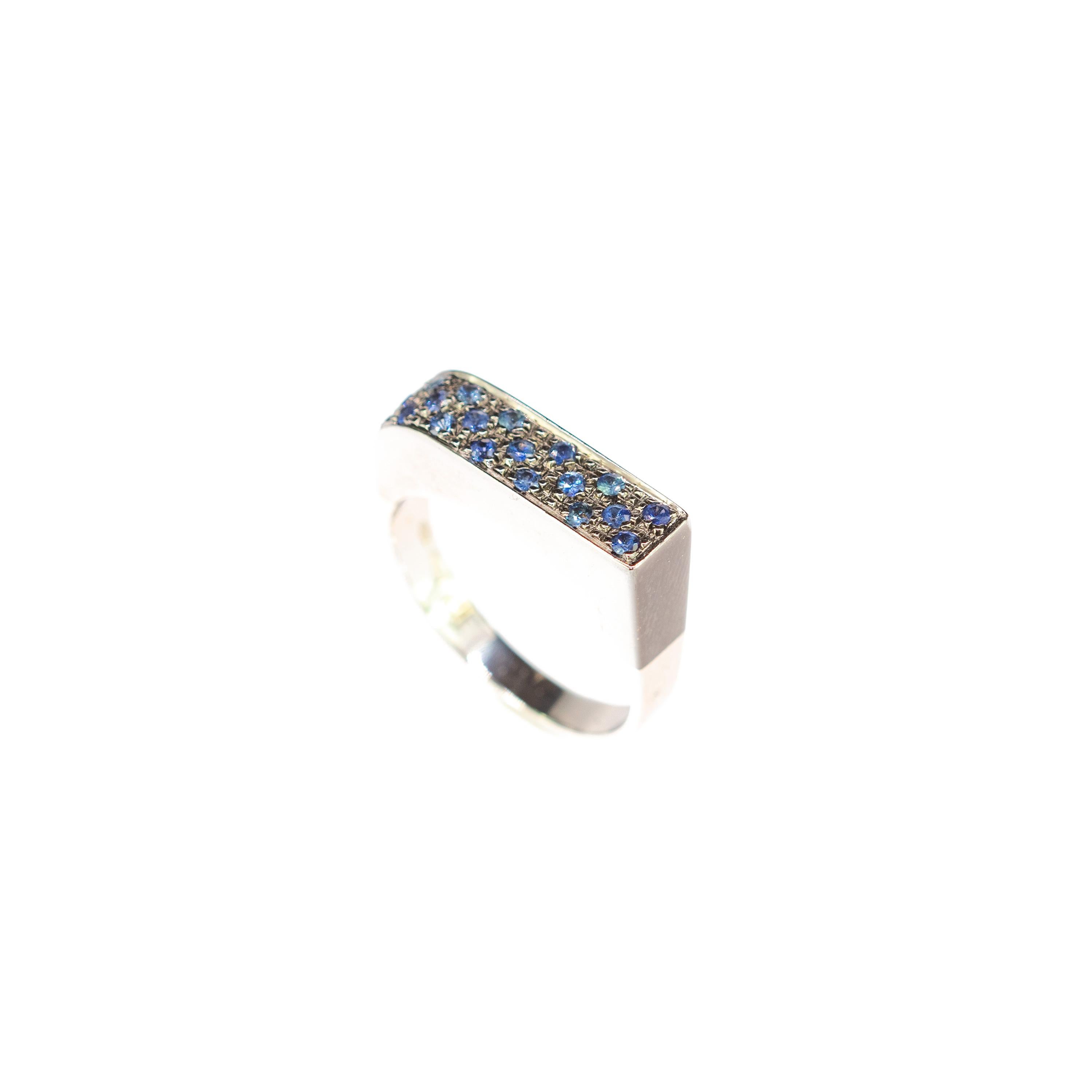 Women's Sapphire Blue Round Cross Rose Square 18 Karat White Gold Band Handmade Ring For Sale