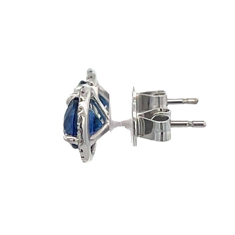 Round Cut Blue Round Sapphire 2.15CT & White Round Diamonds 0.20CT 14KW Studs Earrings For Sale