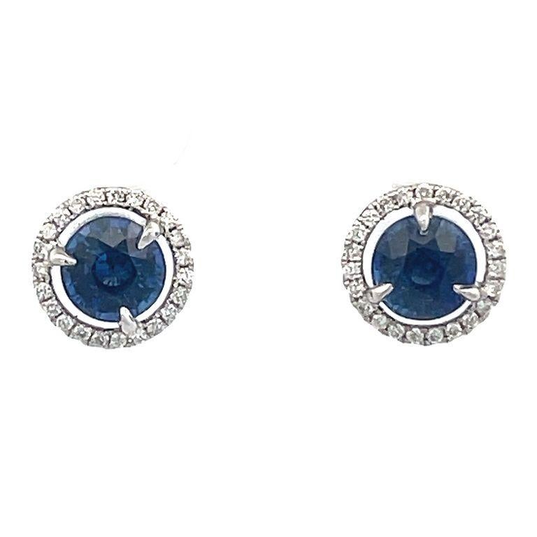 Blue Round Sapphire 2.15CT & White Round Diamonds 0.20CT 14KW Studs Earrings In New Condition For Sale In New York, NY