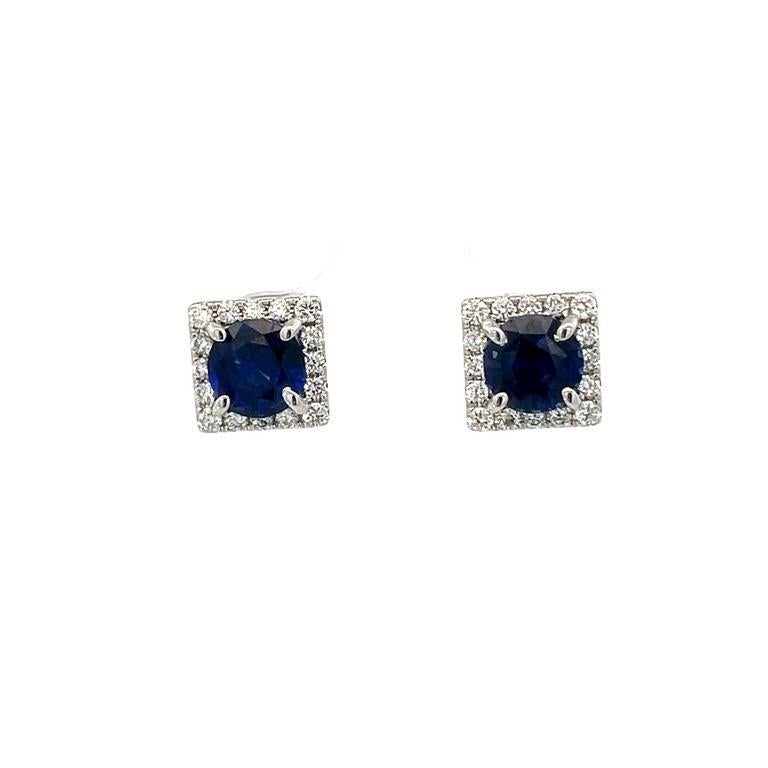Women's Blue Round Sapphire 2.25CT & White Round Diamonds 0.51CT 18KW Studs Earrings For Sale