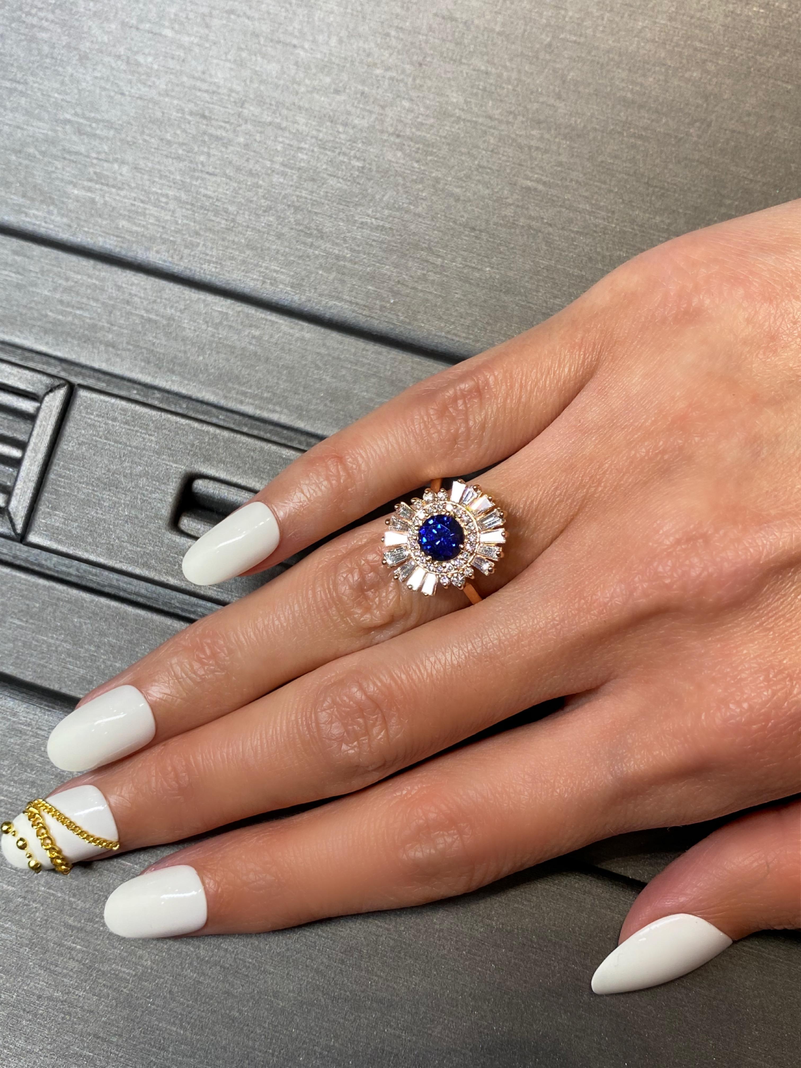 Blue Round Sapphire Baguette Diamond Halo Sun Ray 18k Rose Gold Art Deco Ring In New Condition For Sale In Oakton, VA
