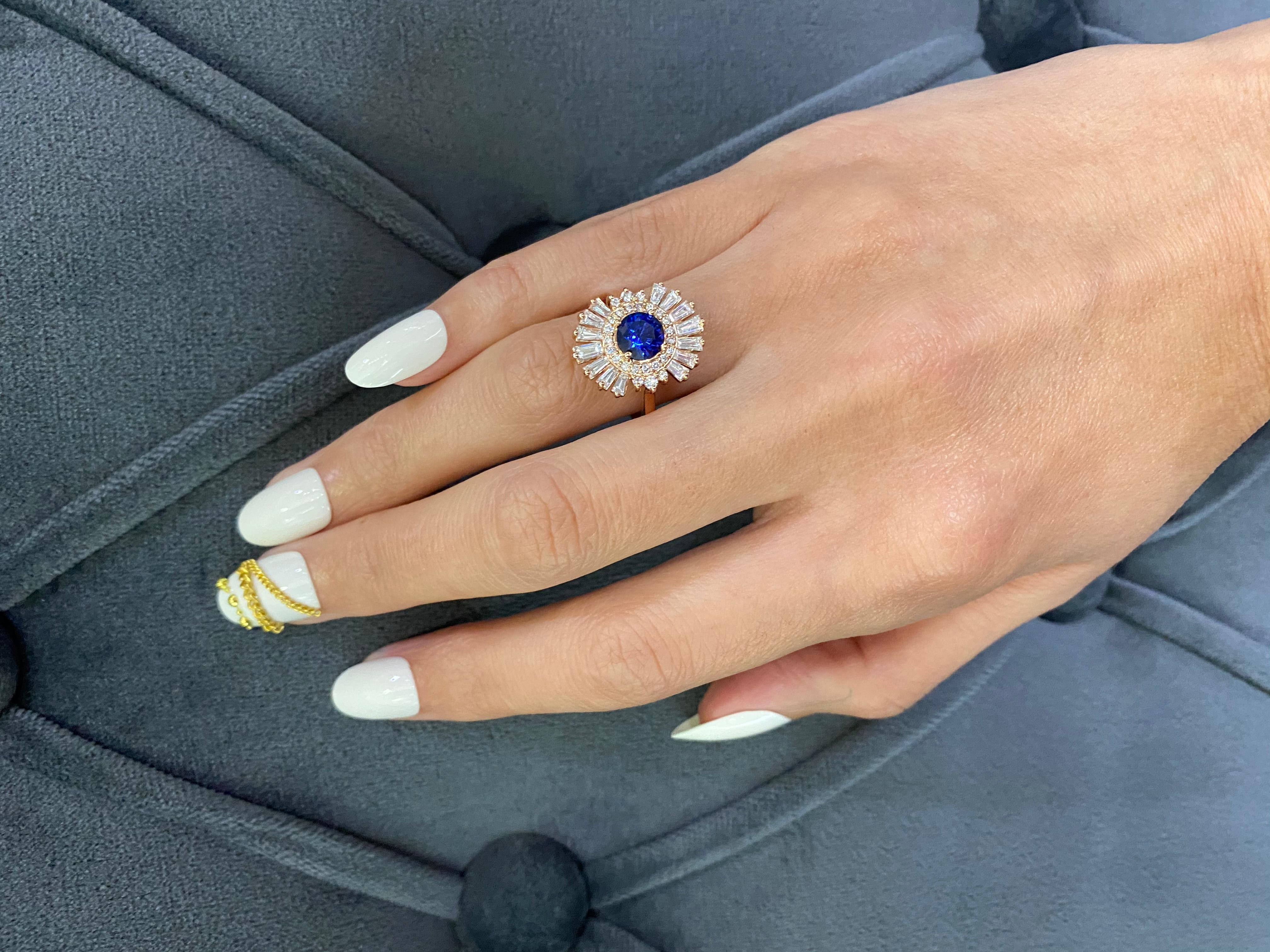 Women's or Men's Blue Round Sapphire Baguette Diamond Halo Sun Ray 18k Rose Gold Art Deco Ring For Sale