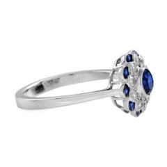 Blue Round Sapphire & Diamond Art Deco Style Floral 14K White Gold Ring