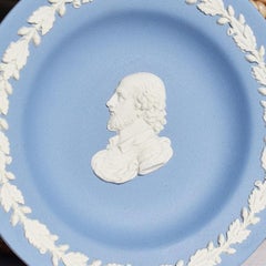Blue Round Wedgwood Jasperware Dish with Man and Floral Detail, England