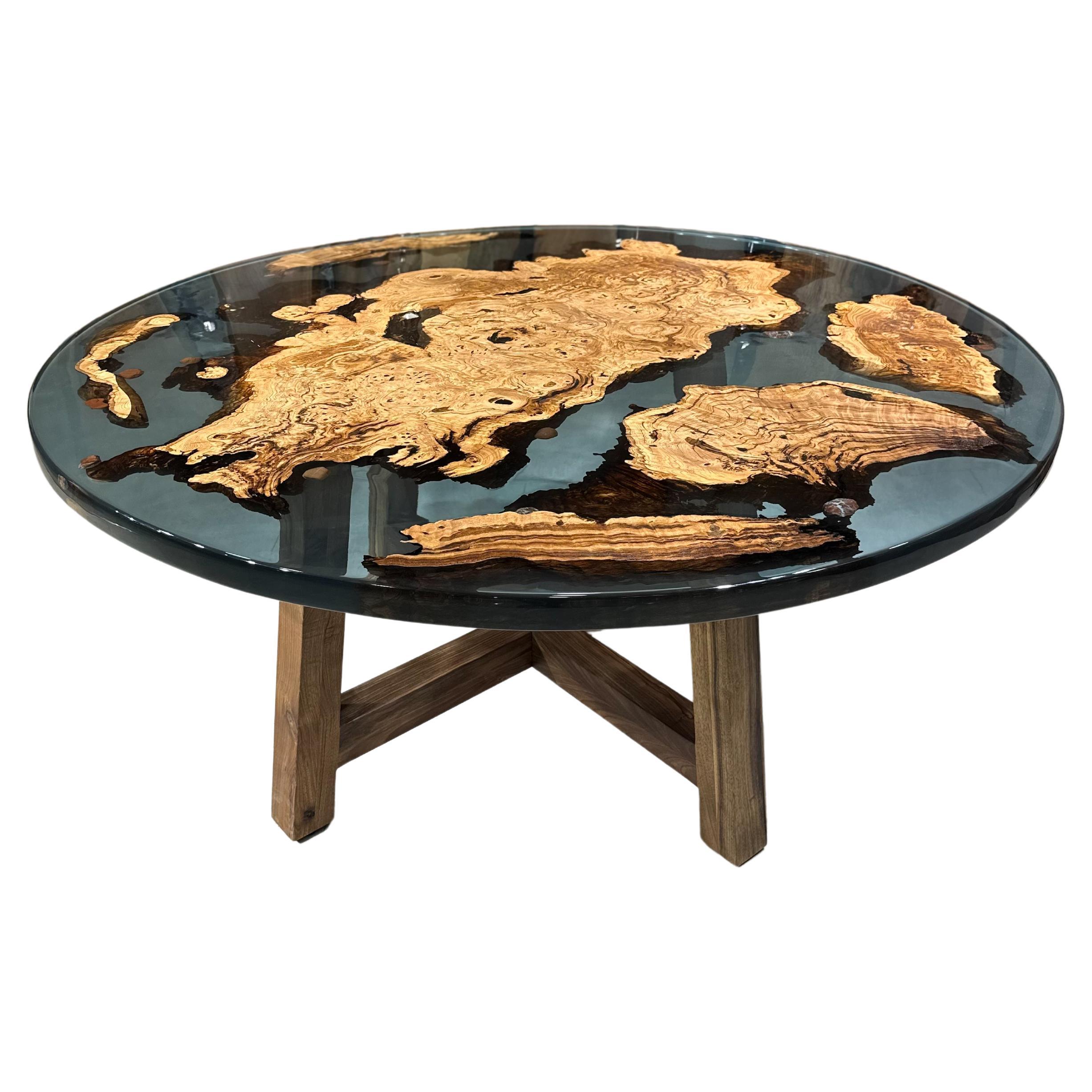 Blue Round Wooden Modern Epoxy Resin Contemporary Dining Table For Sale